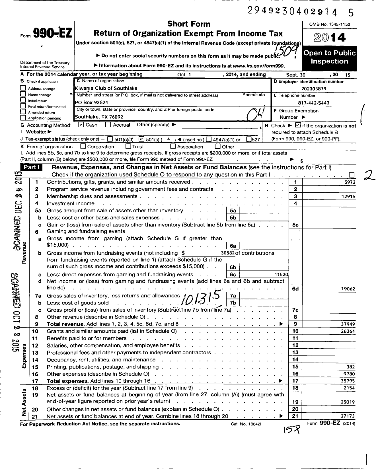 Image of first page of 2014 Form 990EO for Kiwanis International - K16717 Southlake