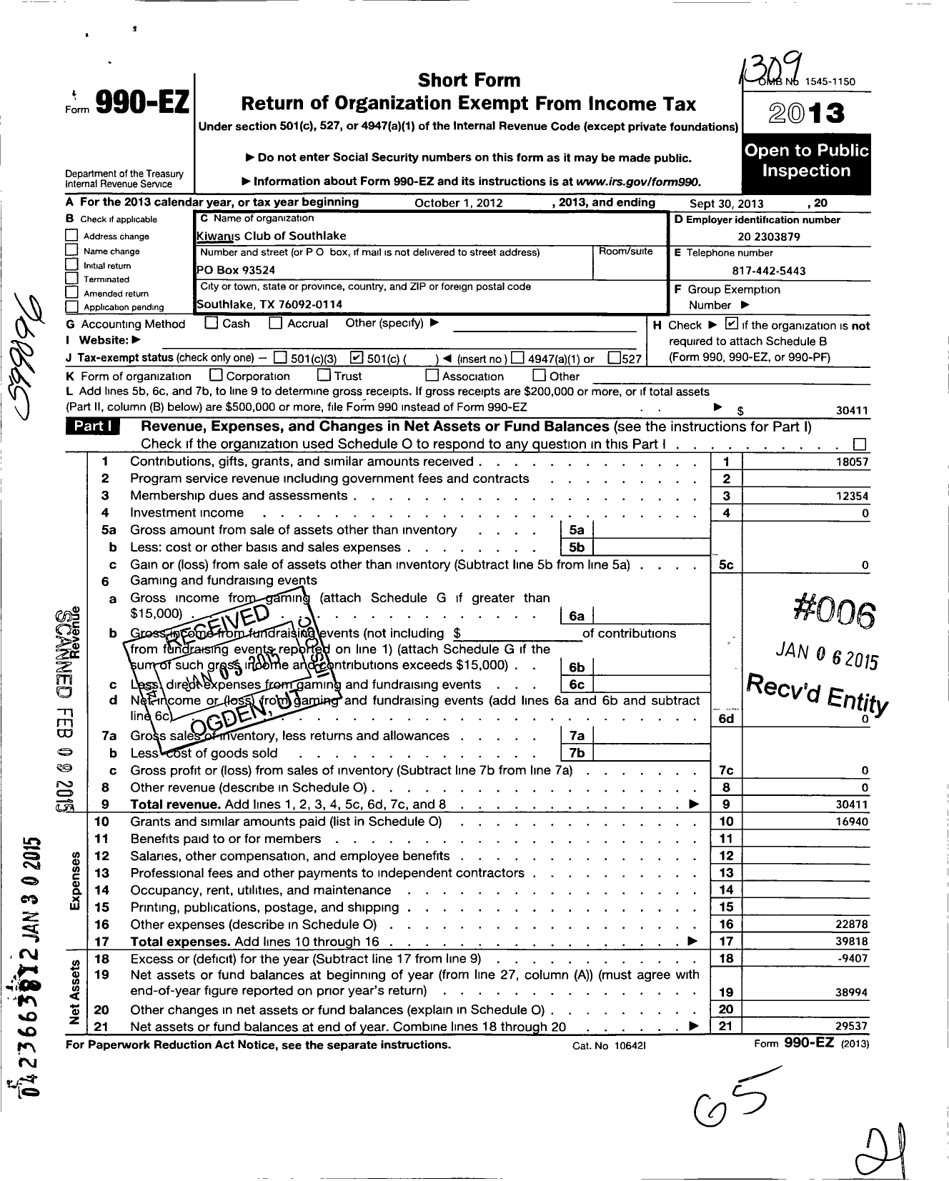 Image of first page of 2012 Form 990EO for Kiwanis International - K16717 Southlake