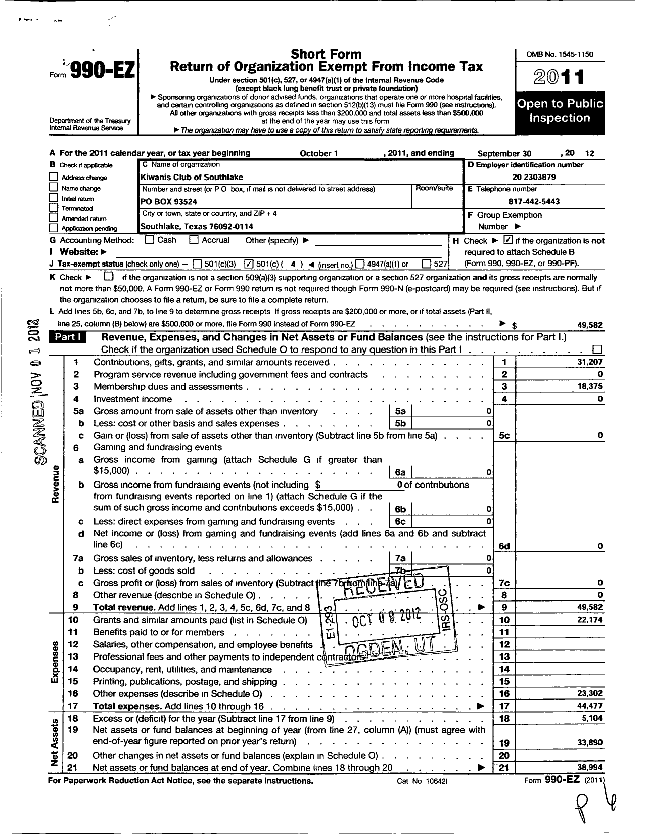 Image of first page of 2011 Form 990EO for Kiwanis International - K16717 Southlake