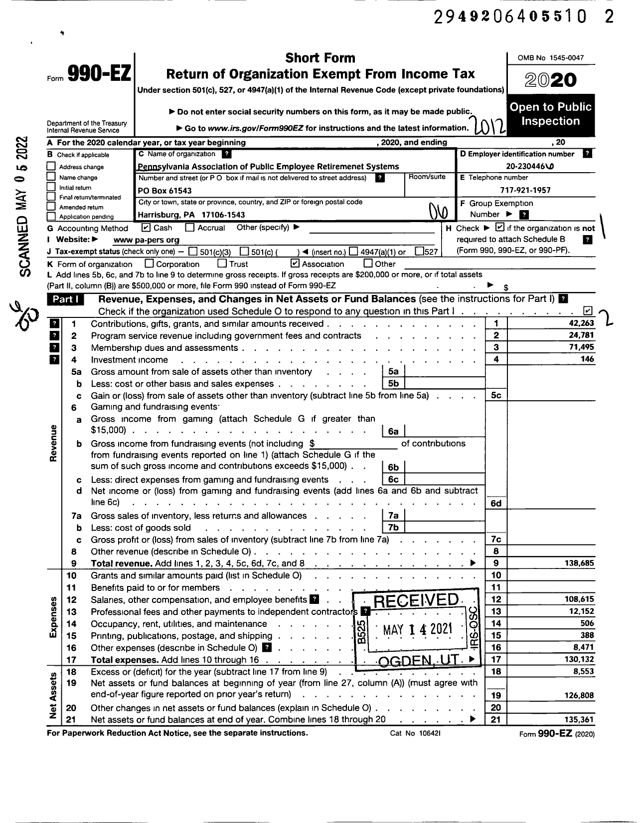 Image of first page of 2020 Form 990EO for Pennsylvania Association of Public Employee Retirement Systems (PAPERS)