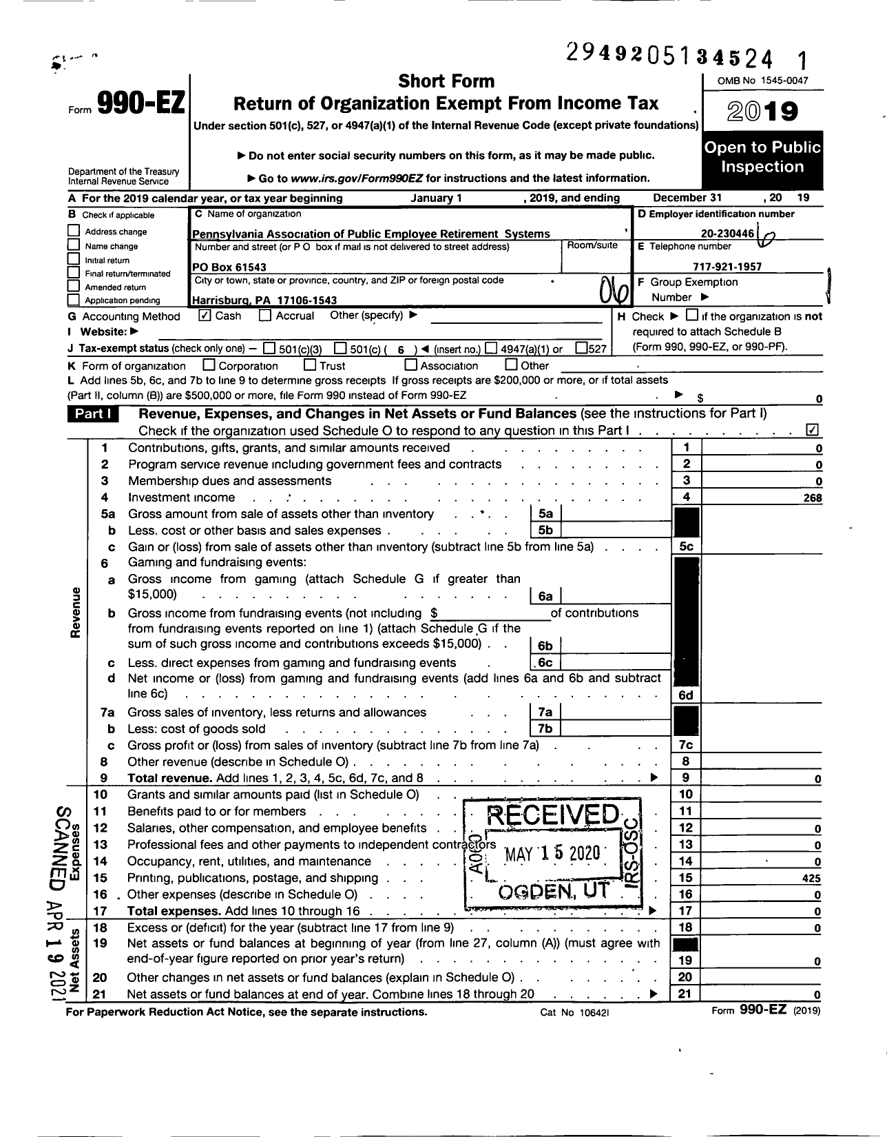 Image of first page of 2019 Form 990EO for Pennsylvania Association of Public Employee Retirement Systems (PAPERS)