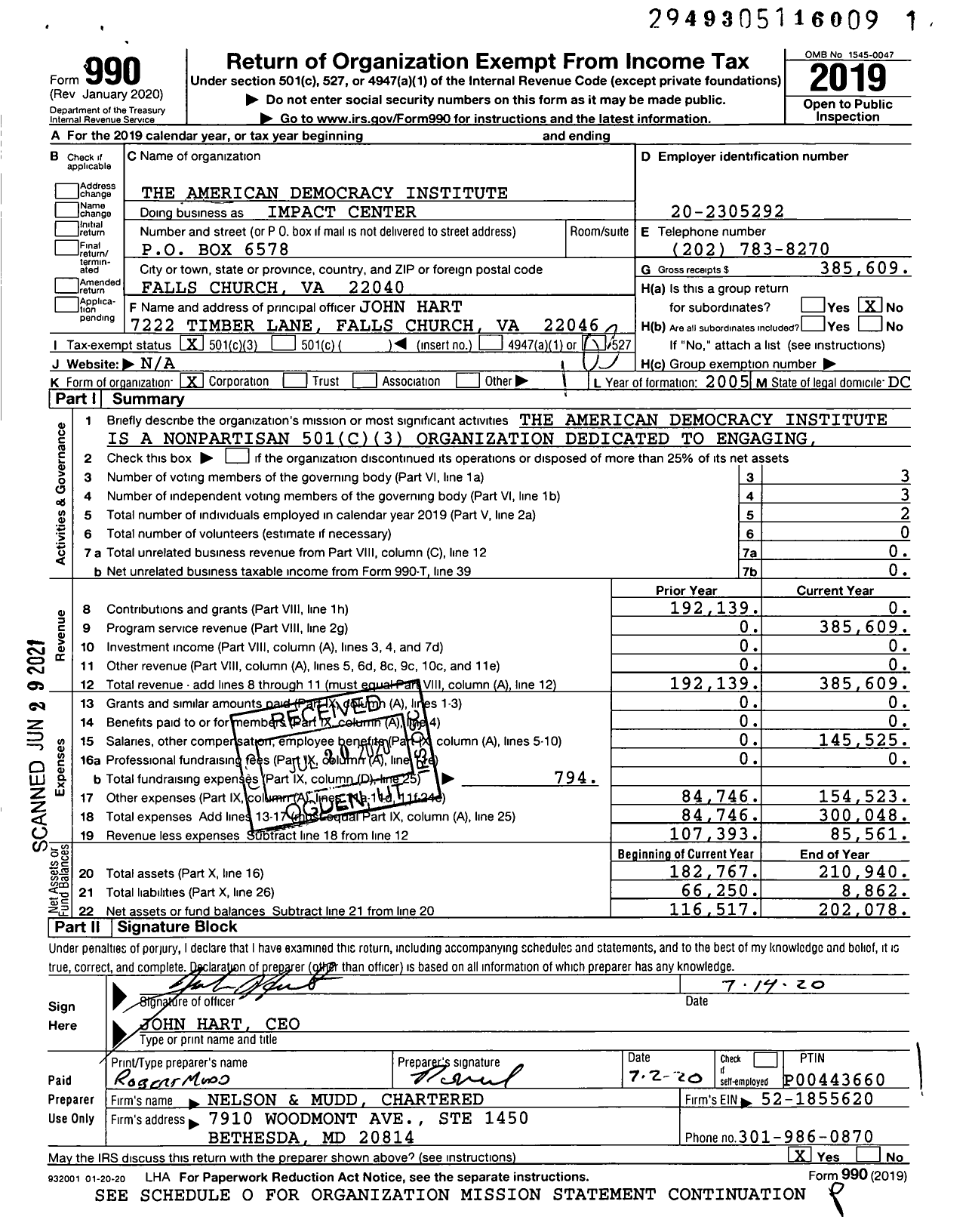 Image of first page of 2019 Form 990 for Impact Center / The American Democracy Institute