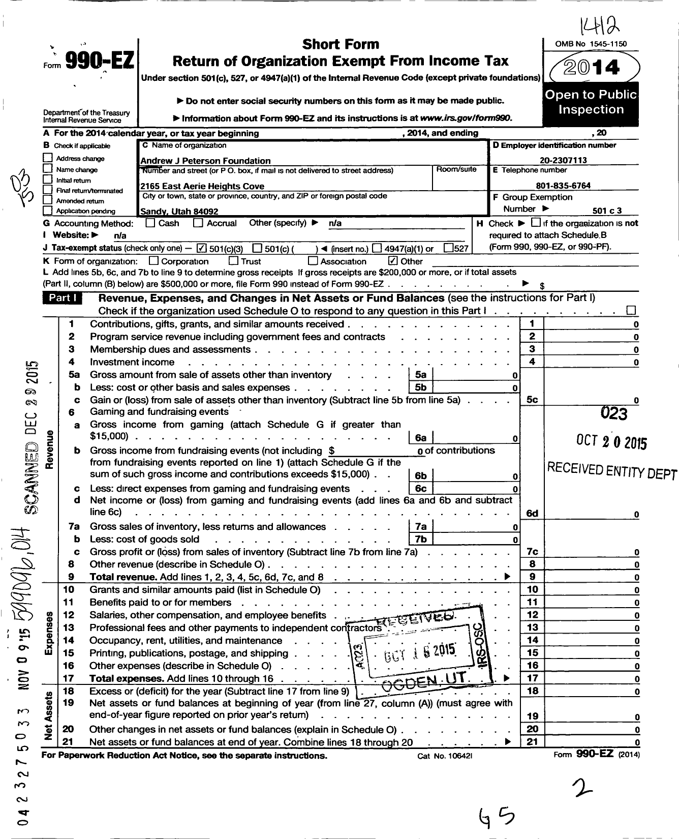 Image of first page of 2014 Form 990EZ for Andrew J Peterson Foundation