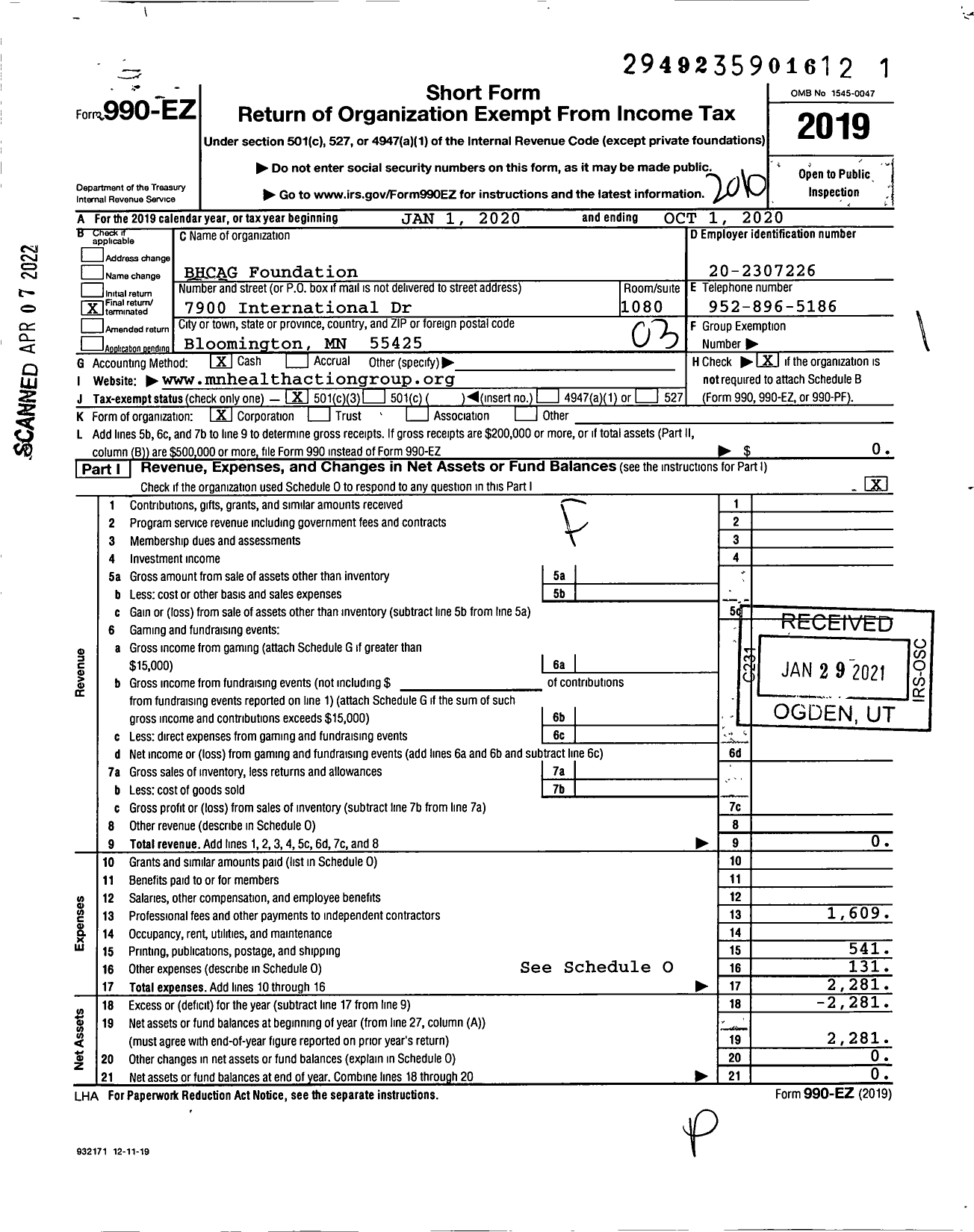 Image of first page of 2019 Form 990EZ for BHCAG Foundation