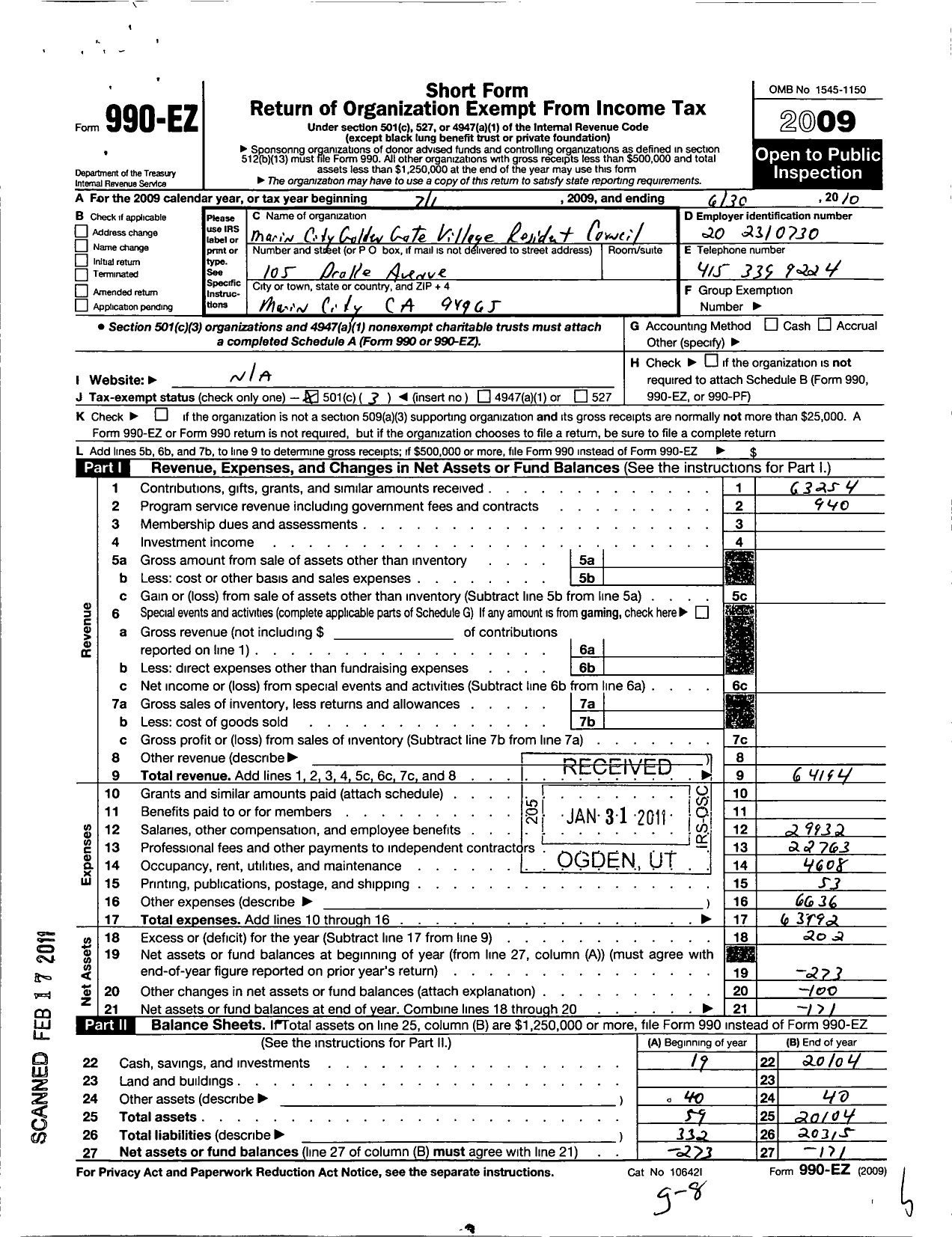 Image of first page of 2009 Form 990EZ for Golden Gate Village Resident Council