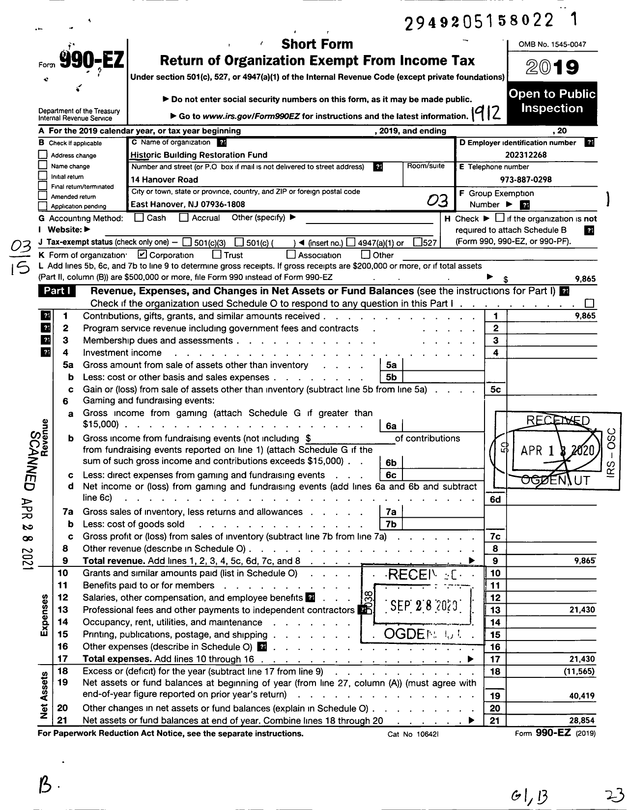 Image of first page of 2019 Form 990EZ for Historic Building Restoration Fund