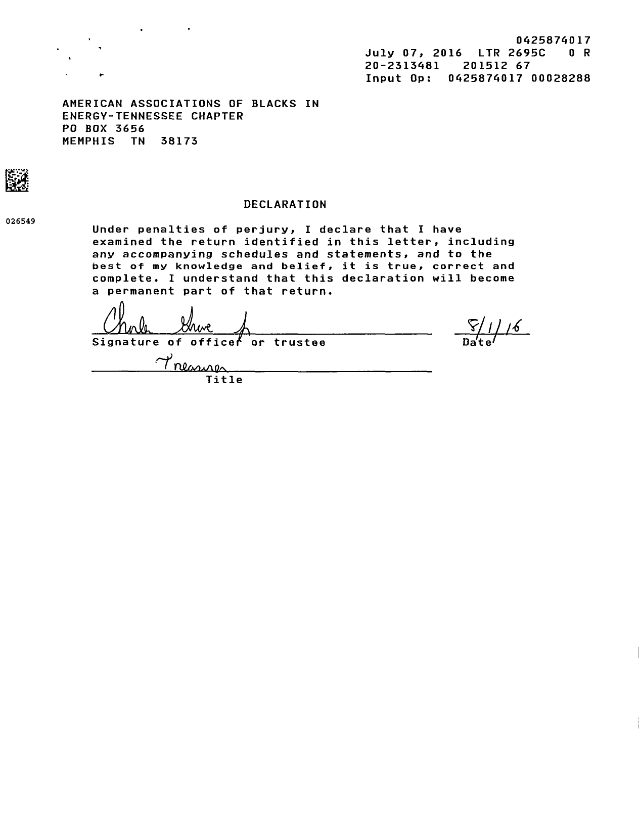 Image of first page of 2015 Form 990ER for American Association of Blacks in Energy-Tennessee Chapter