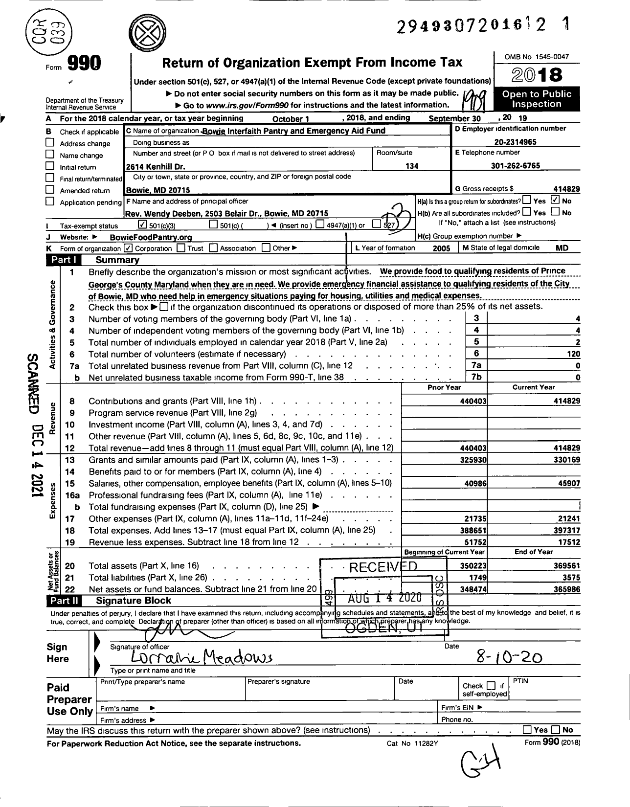 Image of first page of 2018 Form 990 for Bowie Food Pantry