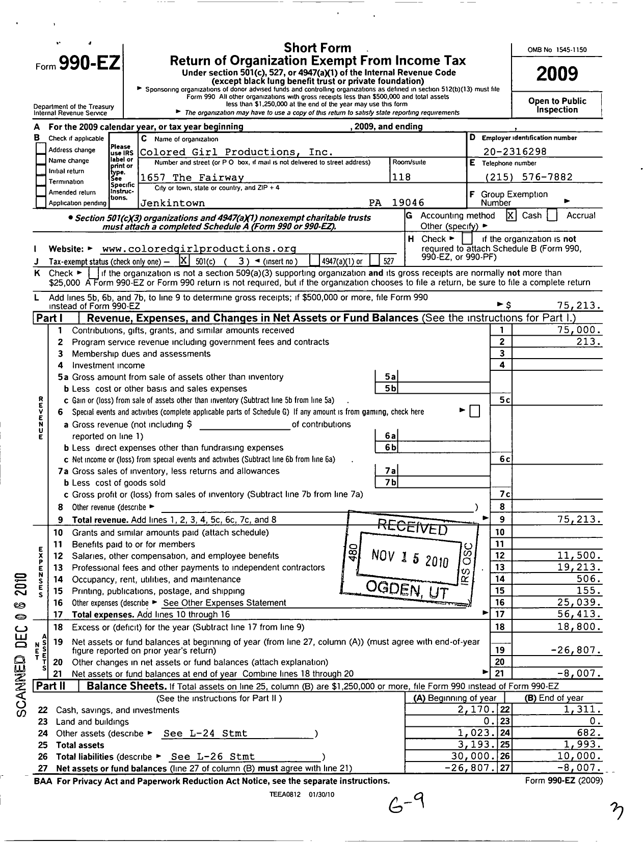 Image of first page of 2009 Form 990EZ for Colored Girl Productions