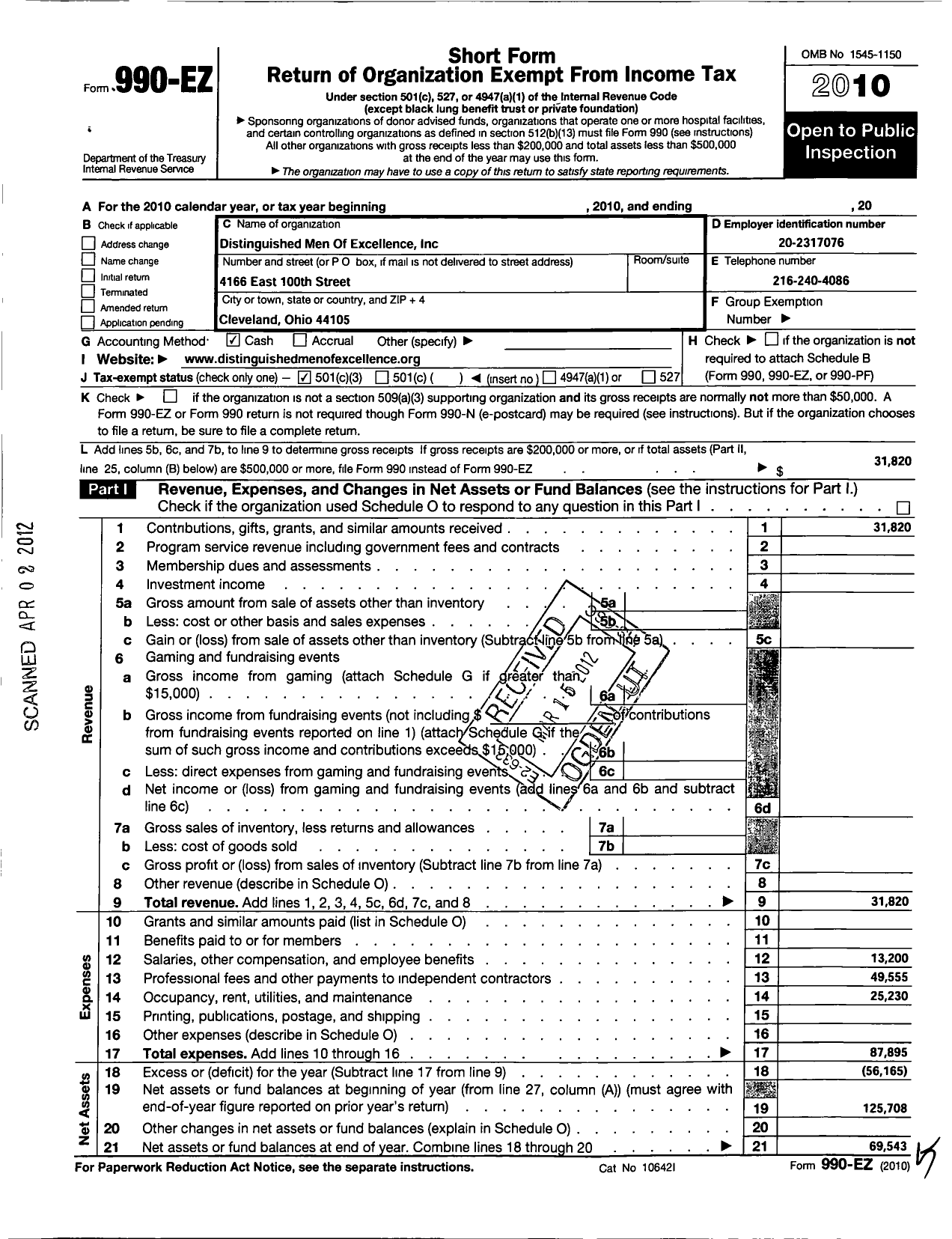 Image of first page of 2010 Form 990EZ for Distinquished Men of Excellence