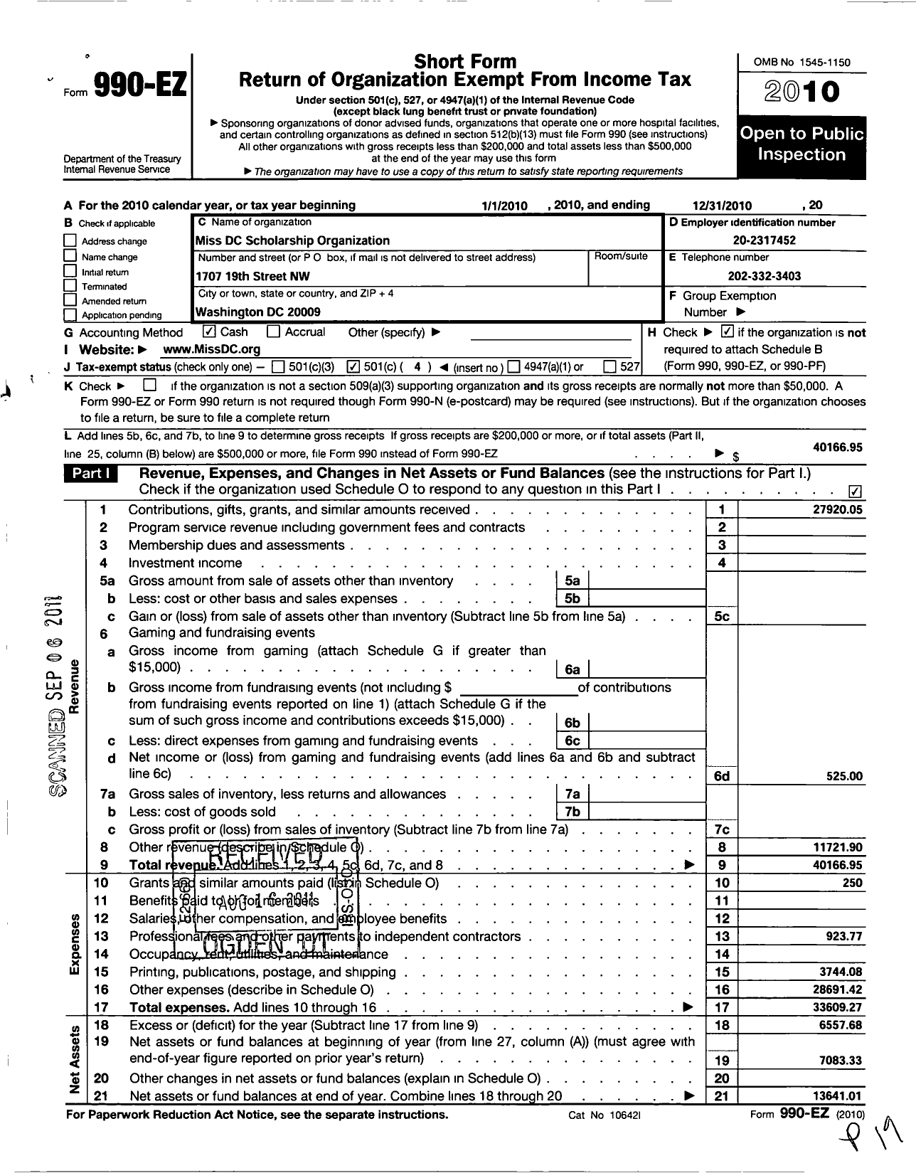Image of first page of 2010 Form 990EO for Miss DC Scholarship Organization MDCS