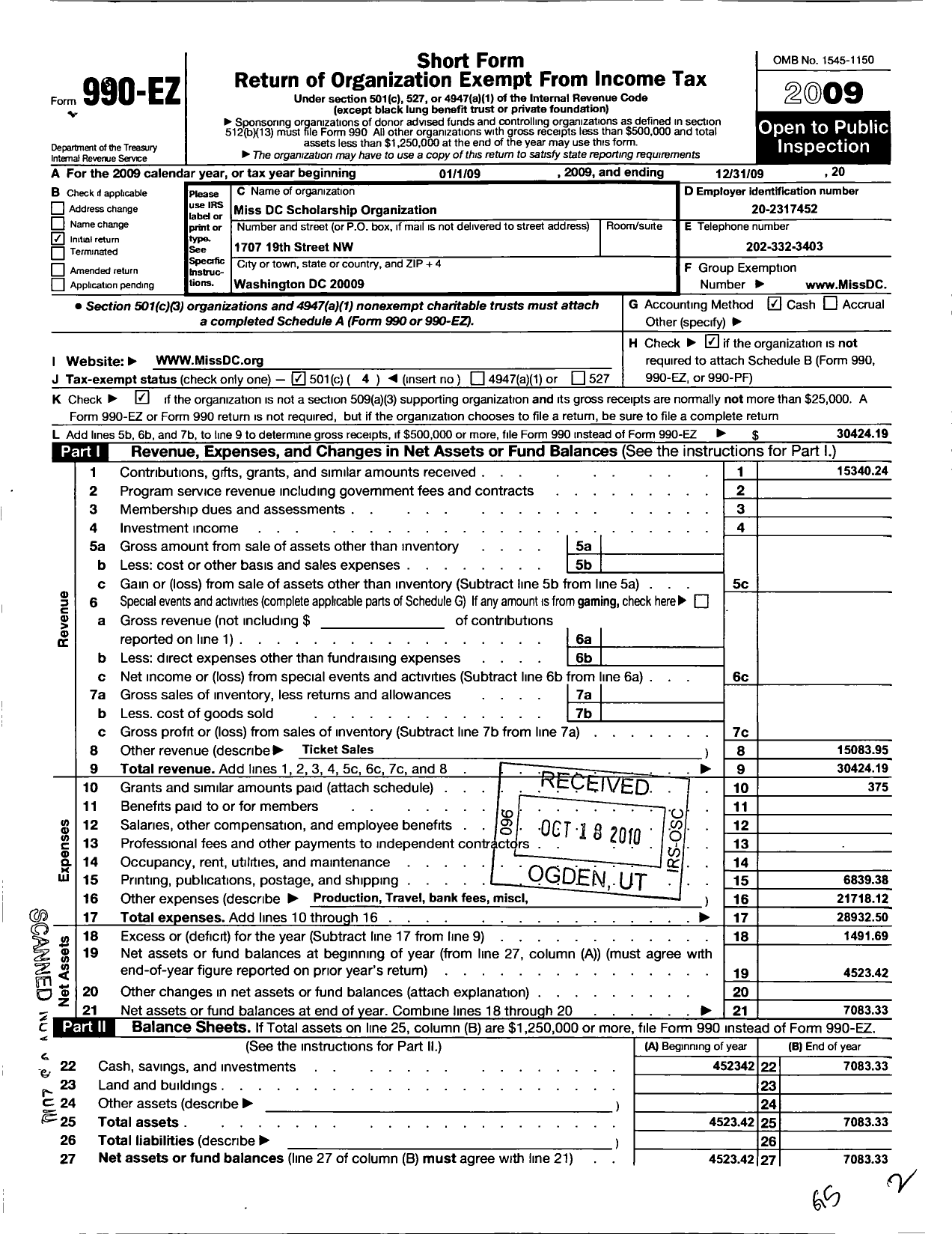 Image of first page of 2009 Form 990EO for Miss DC Scholarship Organization MDCS