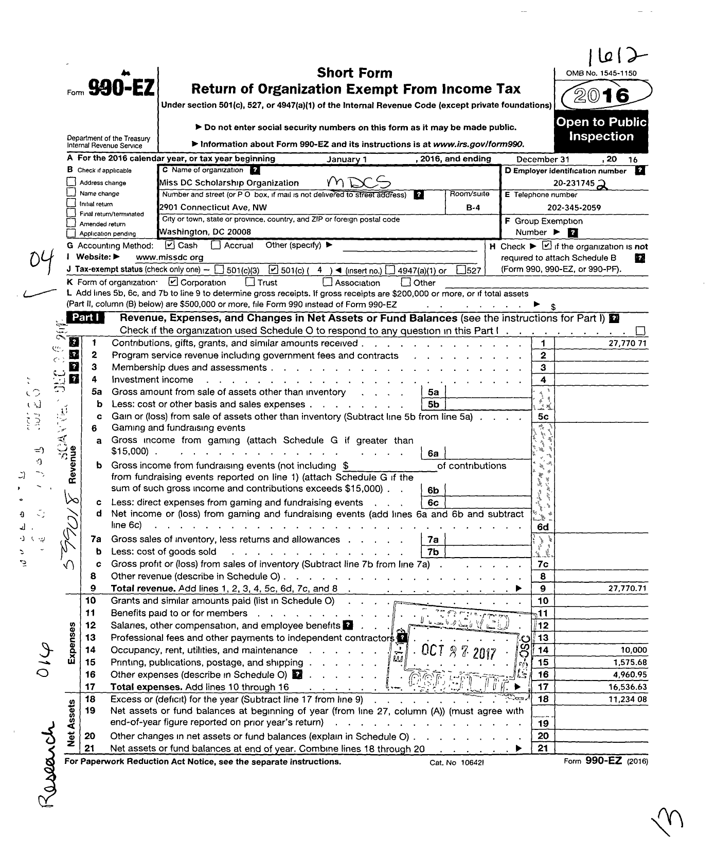 Image of first page of 2016 Form 990EO for Miss DC Scholarship Organization MDCS