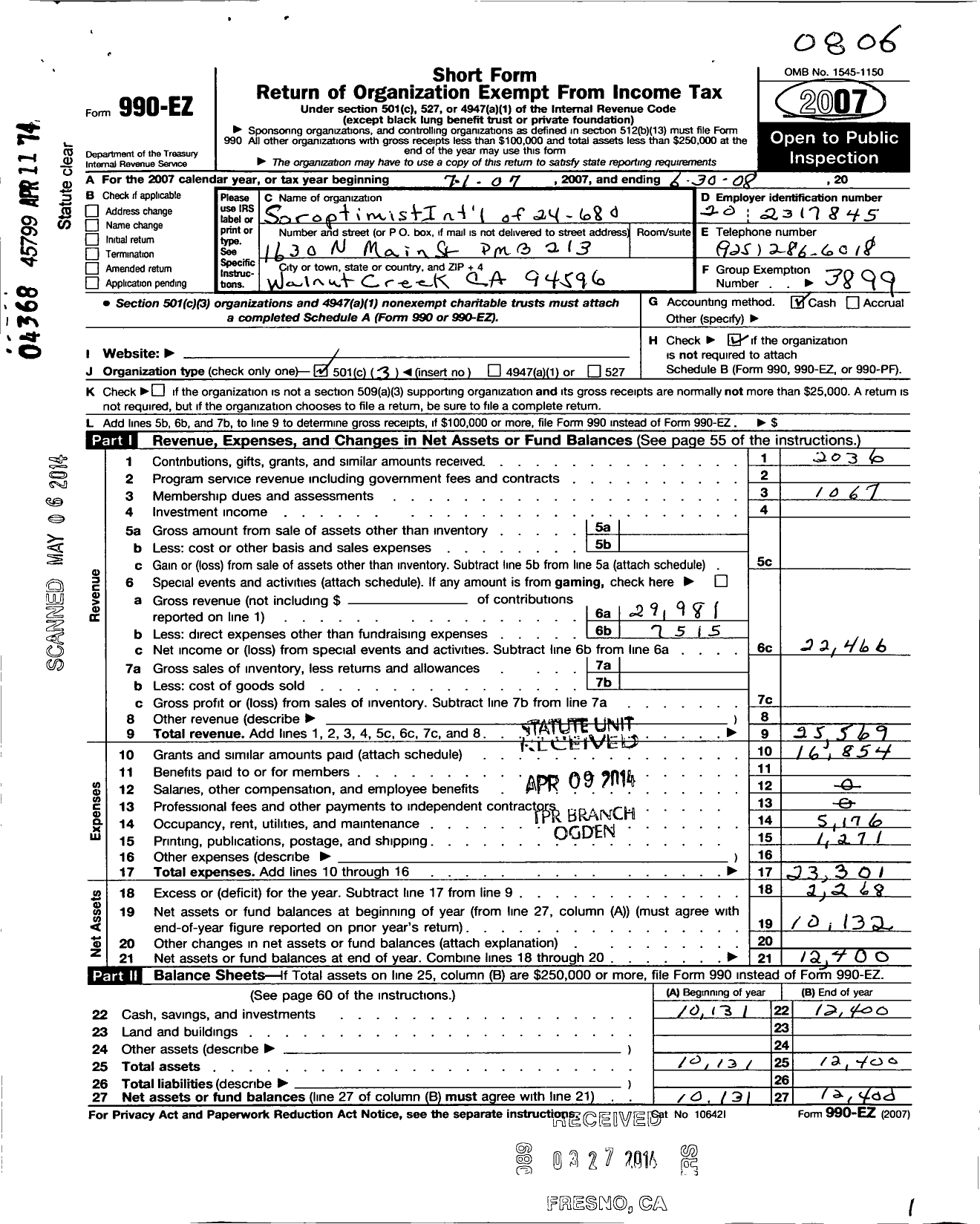 Image of first page of 2007 Form 990EZ for Soroptimist International of the Americas - 115231 24-680 Walnut Creek Ca