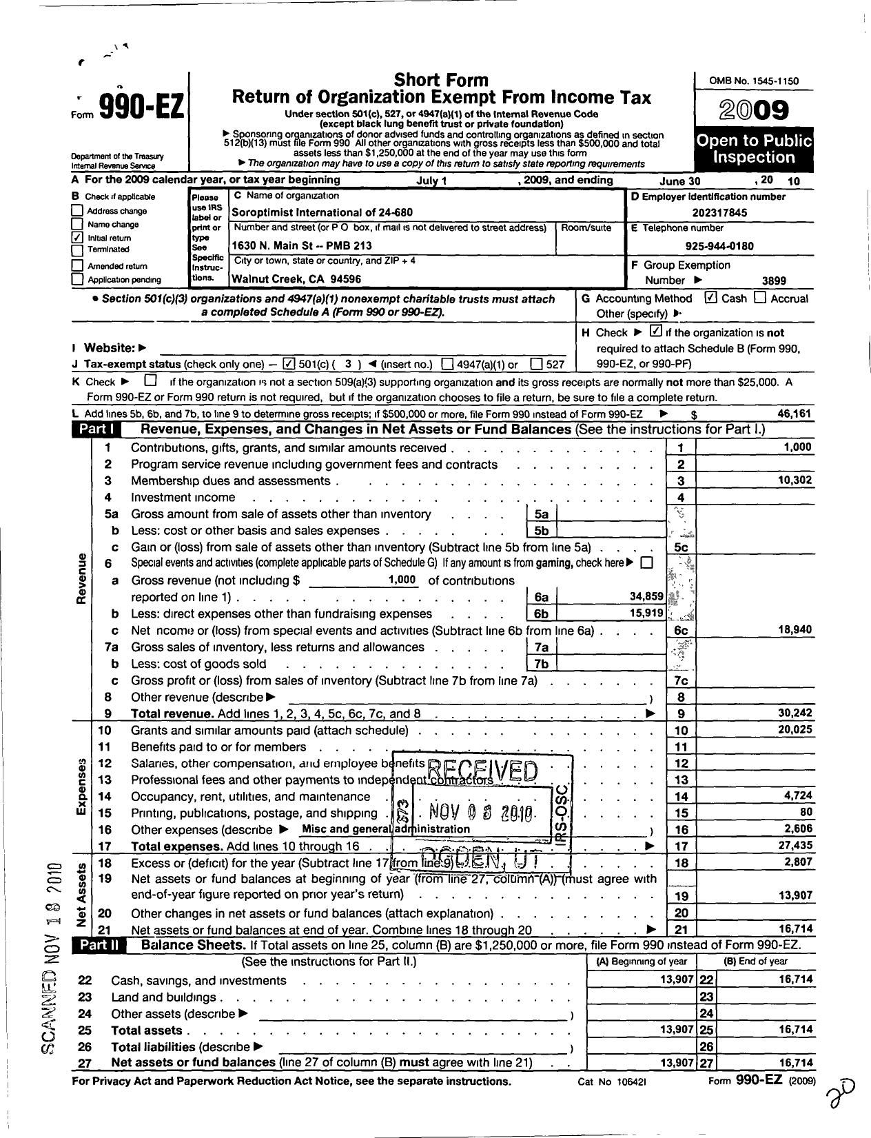 Image of first page of 2009 Form 990EZ for Soroptimist International of the Americas - 115231 24-680 Walnut Creek Ca