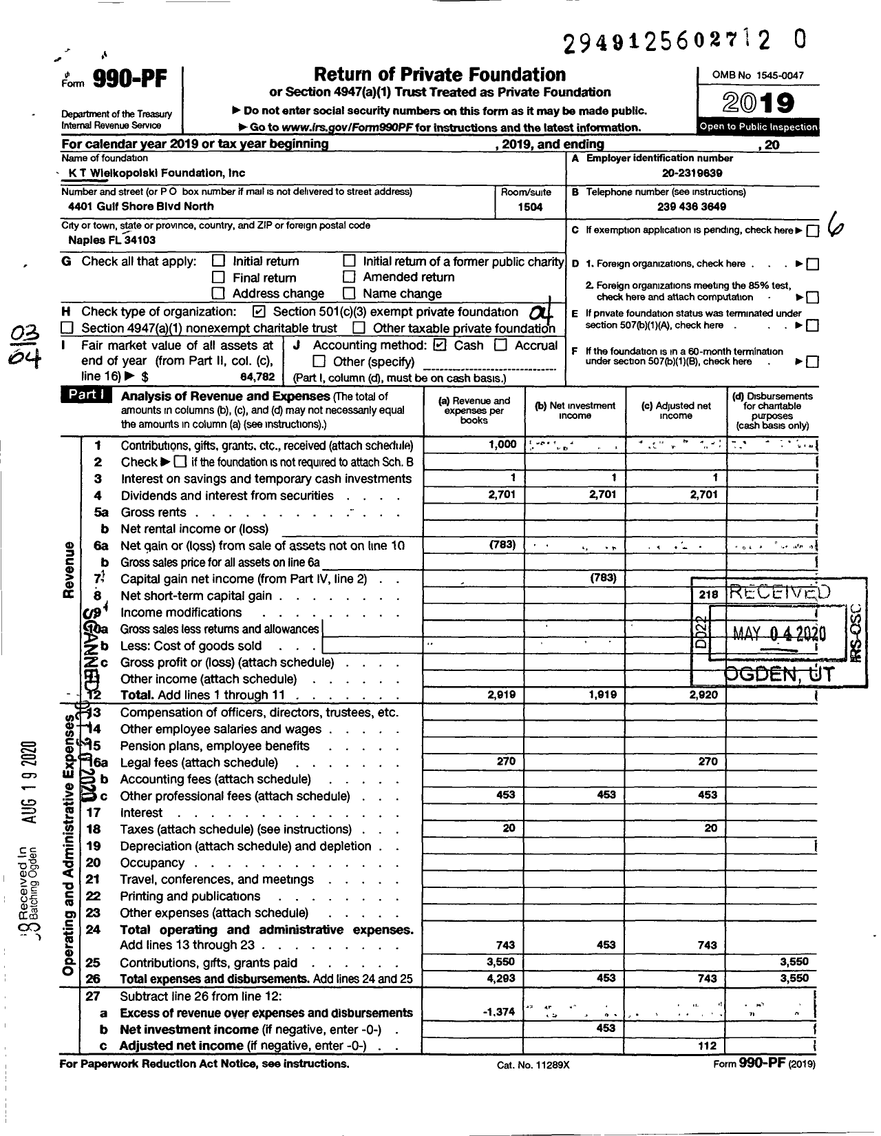 Image of first page of 2019 Form 990PR for KT Wielkopolski Foundation