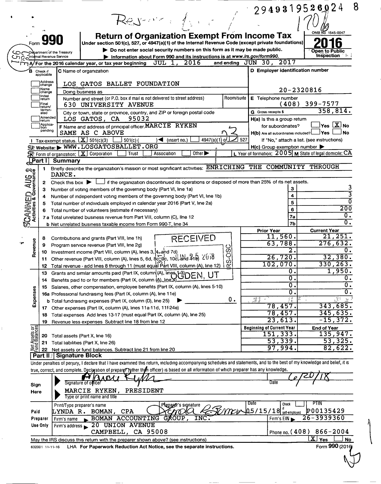 Image of first page of 2016 Form 990 for Los Gatos Ballet Foundation