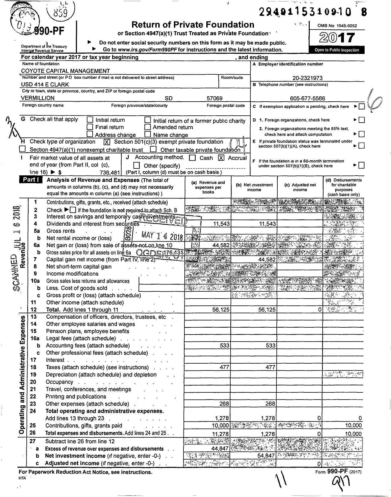 Image of first page of 2017 Form 990PF for Coyote Capital Management
