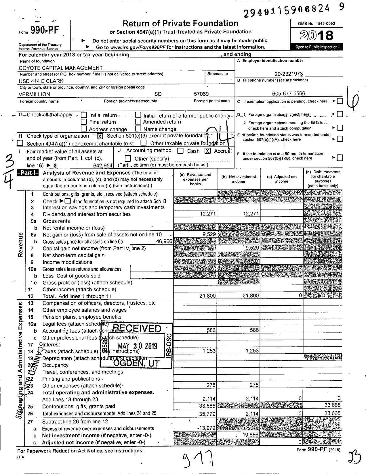 Image of first page of 2018 Form 990PF for Coyote Capital Management