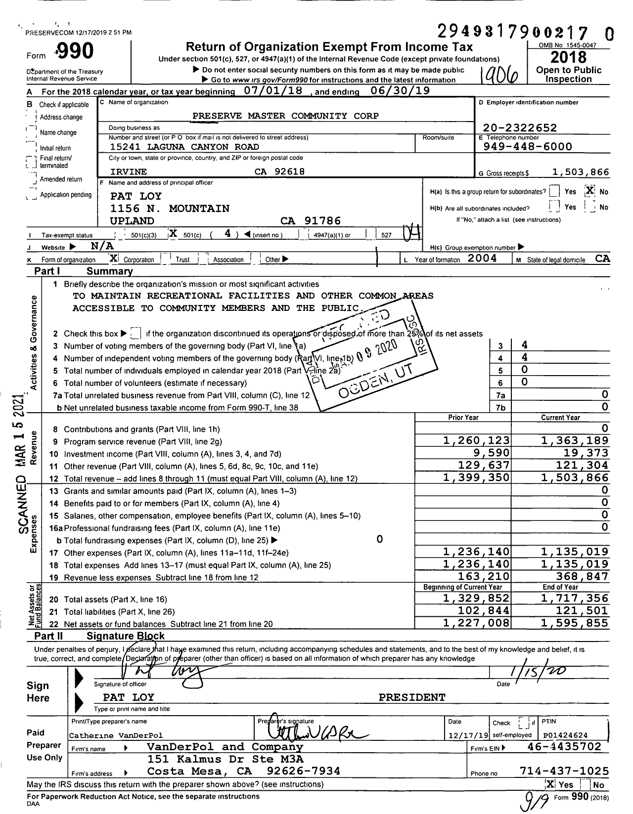 Image of first page of 2018 Form 990O for Preserve Master Community Corporation