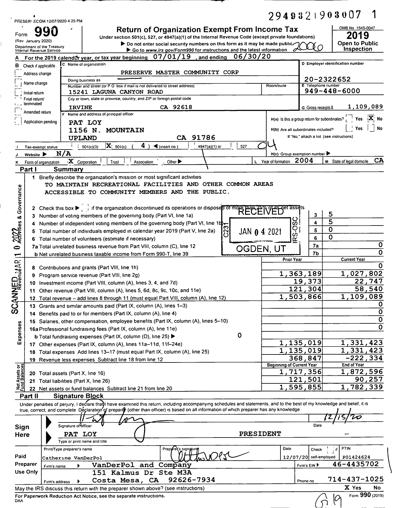 Image of first page of 2019 Form 990O for Preserve Master Community Corporation