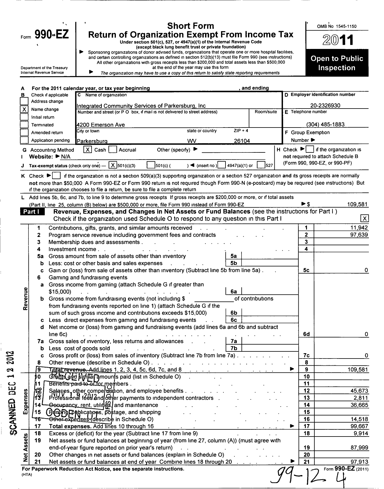 Image of first page of 2011 Form 990EZ for Integrated Community Services of Parkersburg