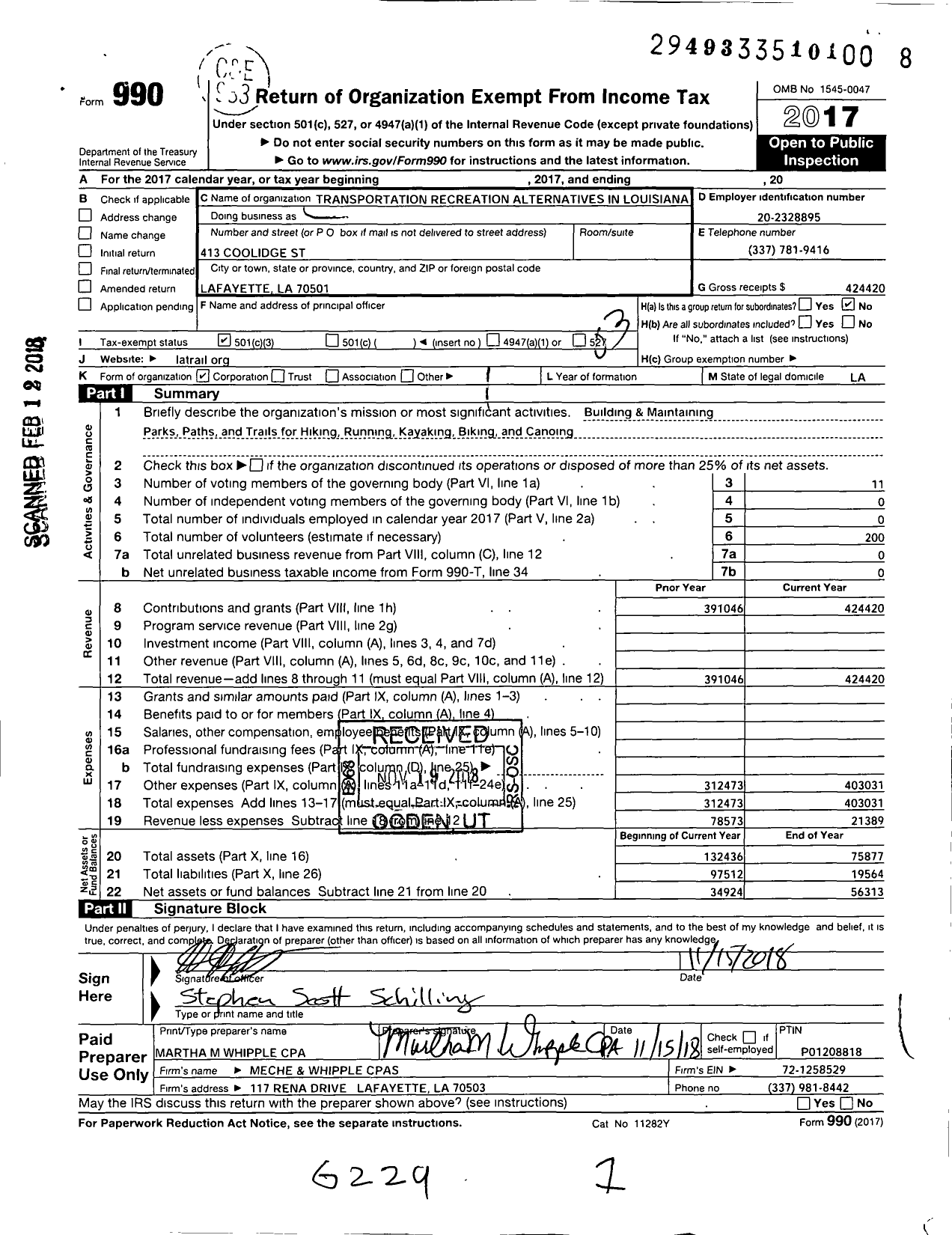 Image of first page of 2017 Form 990 for Transportation Recreation Alternatives in Louisiana