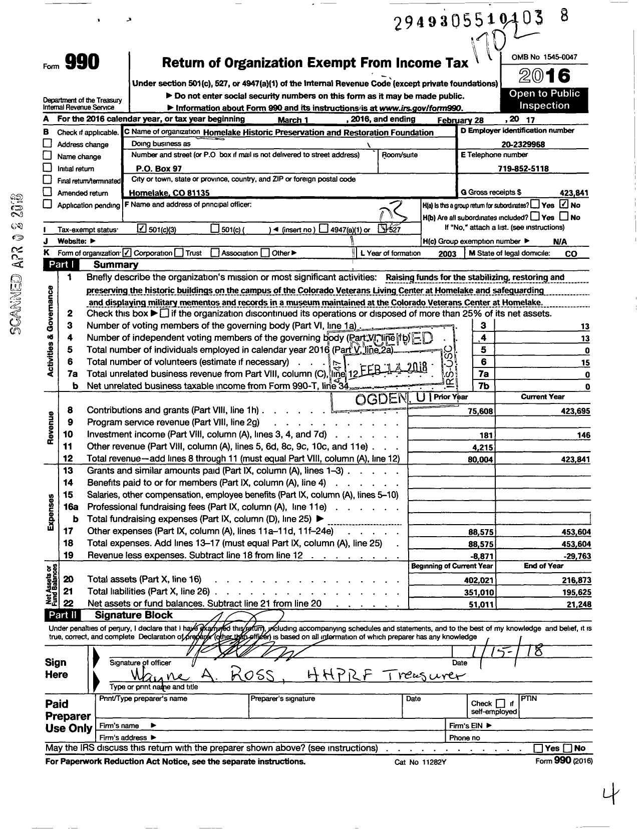 Image of first page of 2016 Form 990 for Homelake Historic Preservation and Restoration Foundation