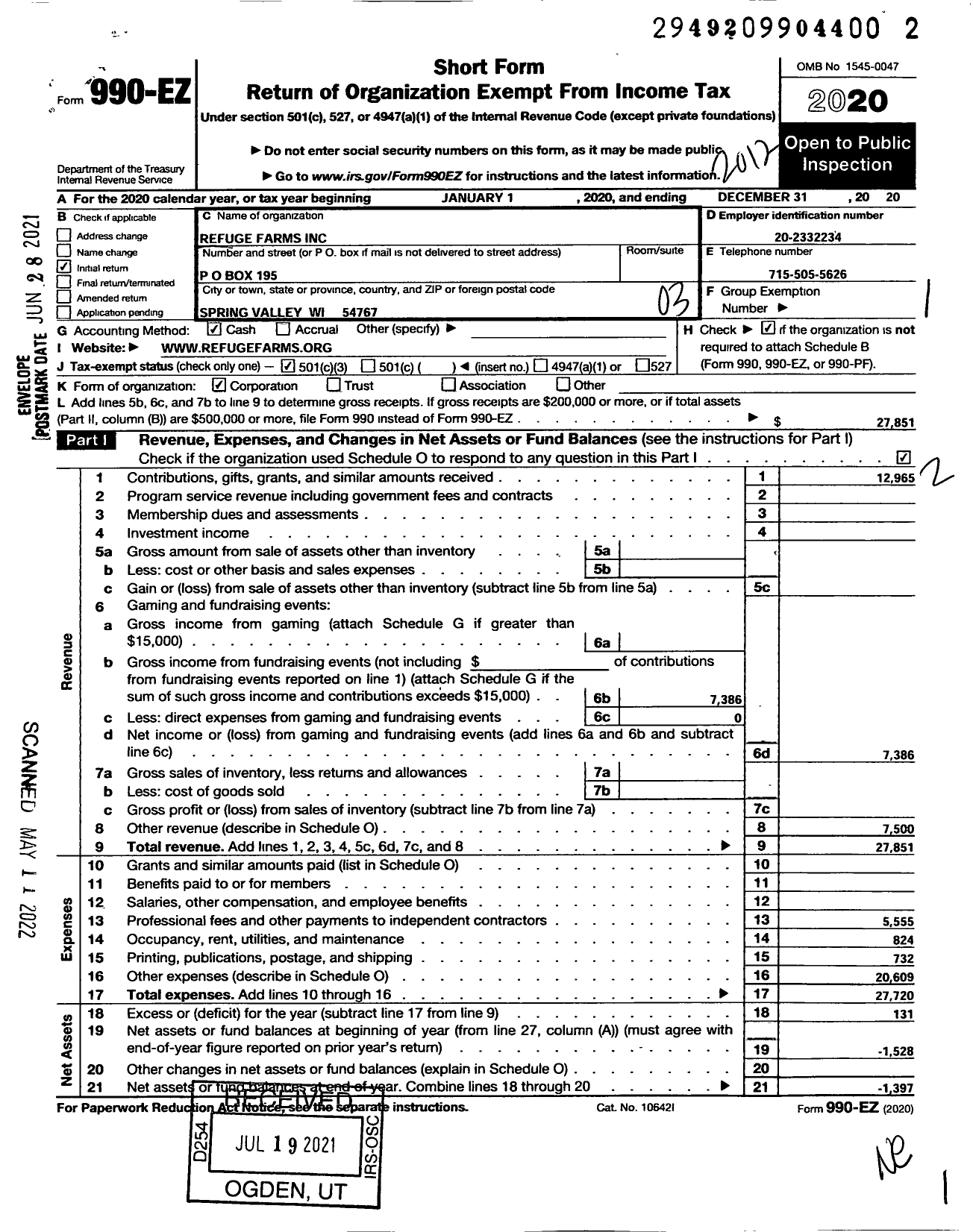 Image of first page of 2020 Form 990EZ for Refuge Farms