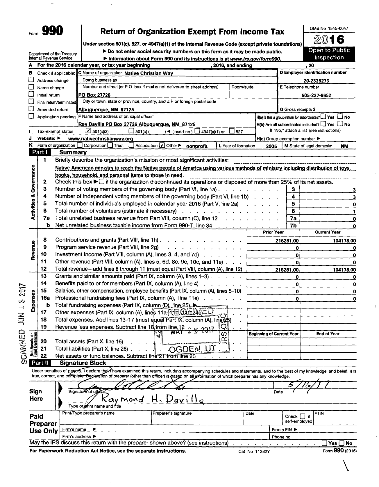 Image of first page of 2016 Form 990 for Native Christian Way