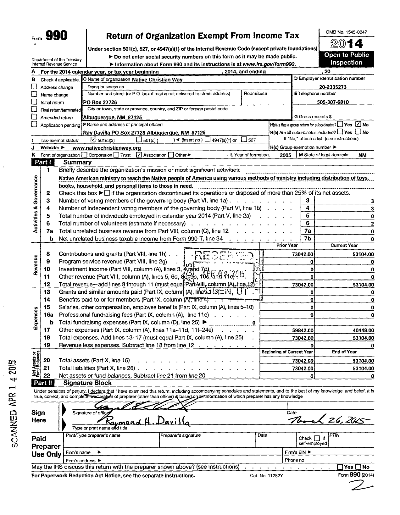 Image of first page of 2014 Form 990 for Native Christian Way