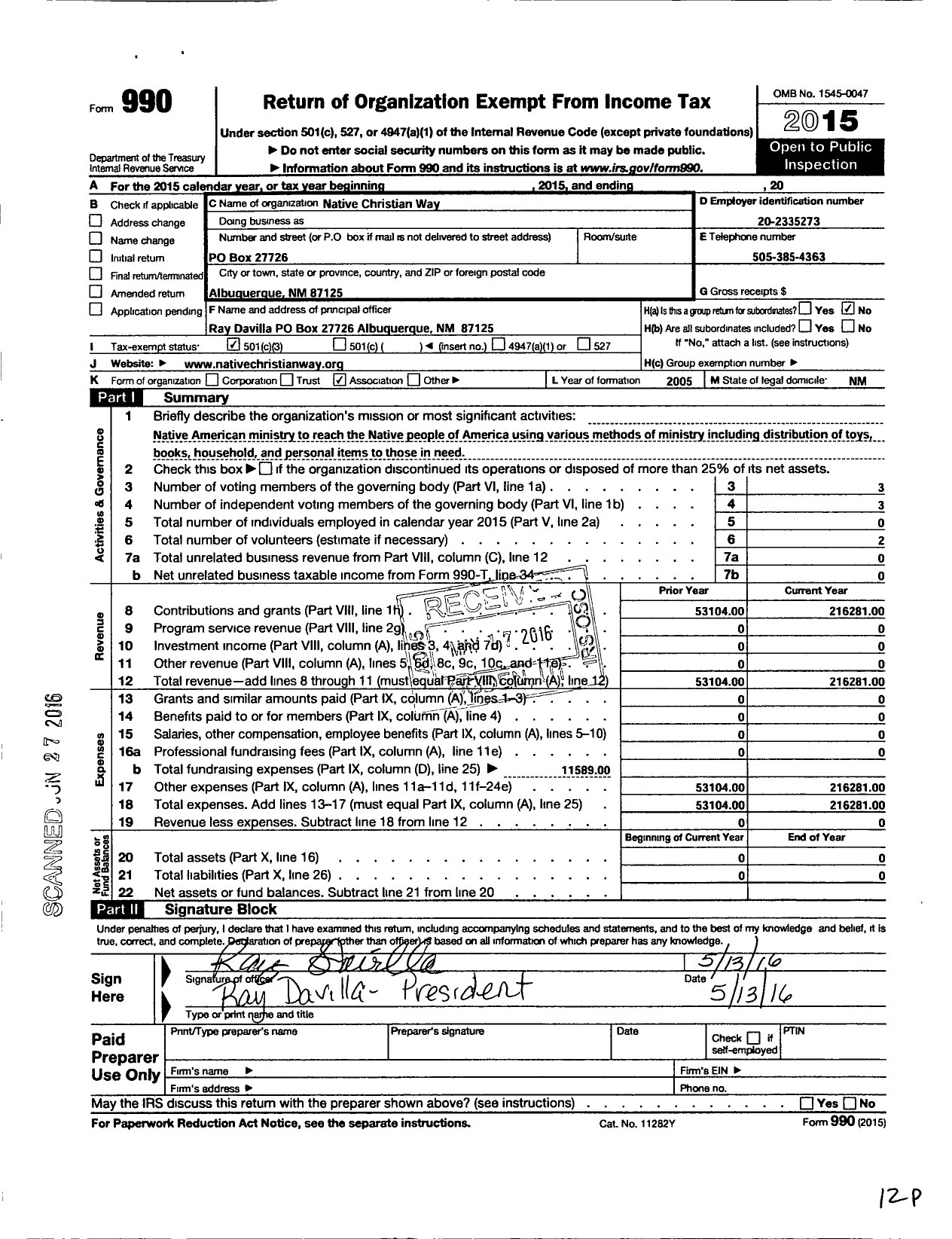 Image of first page of 2015 Form 990 for Native Christian Way