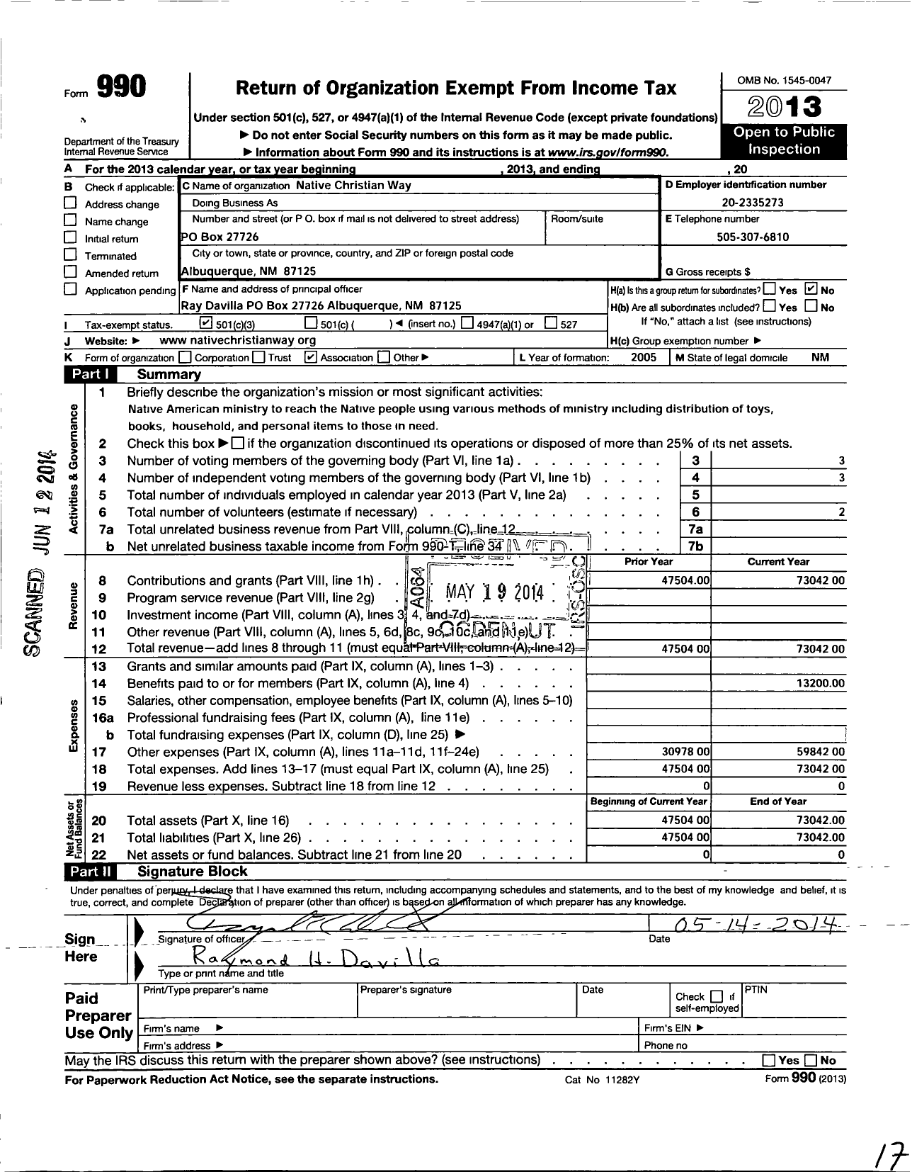 Image of first page of 2013 Form 990 for Native Christian Way