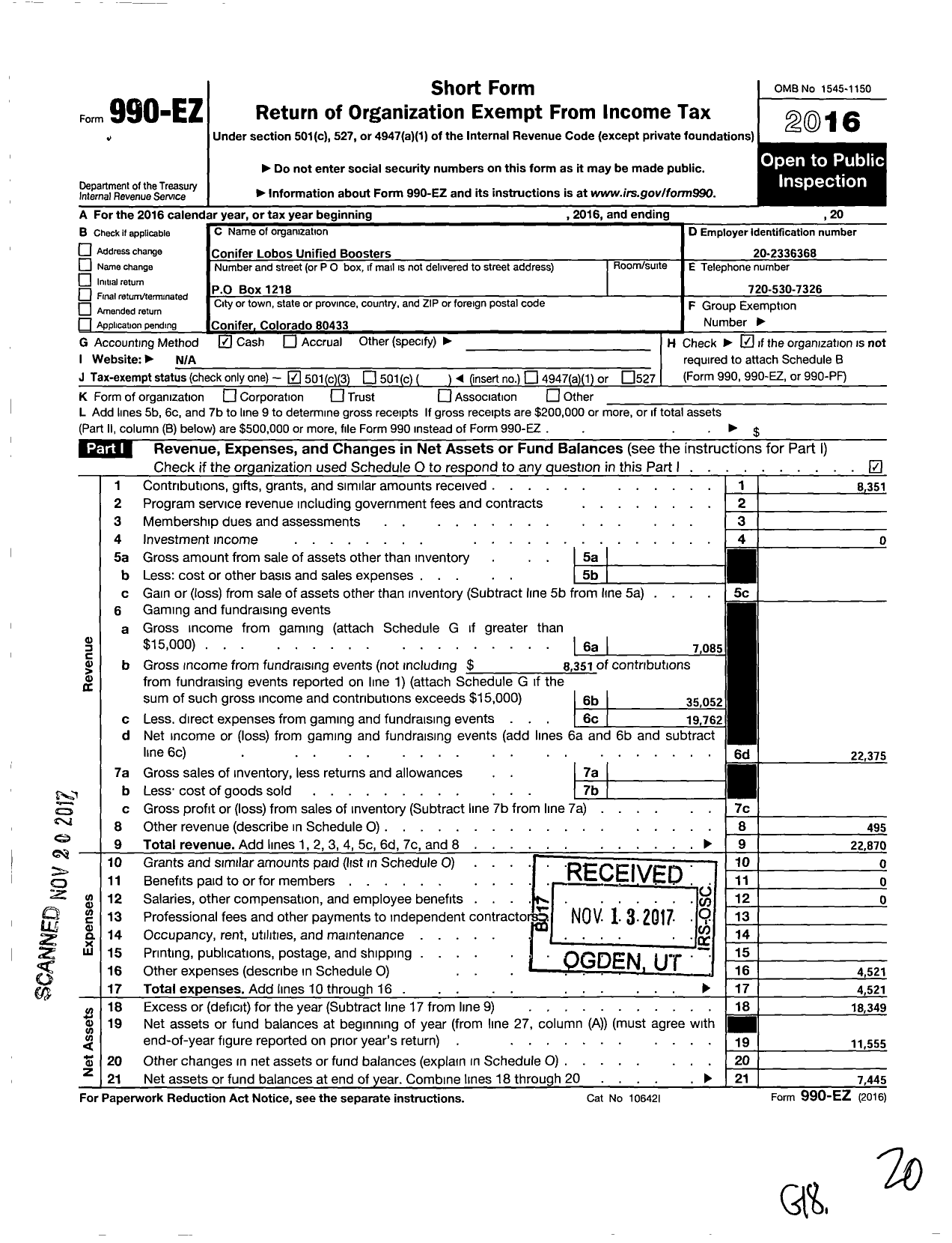 Image of first page of 2016 Form 990EZ for Conifer Lobos Unified Boosters