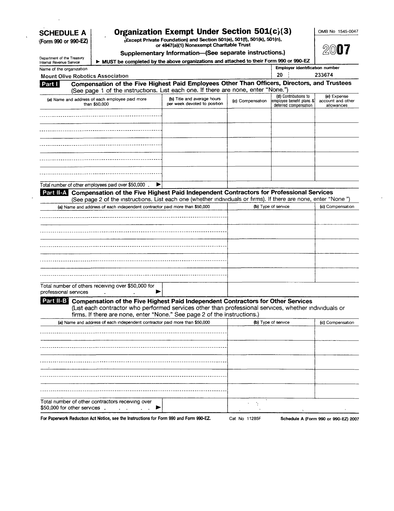 Image of first page of 2007 Form 990ER for Mount Olive Robotics Education Association