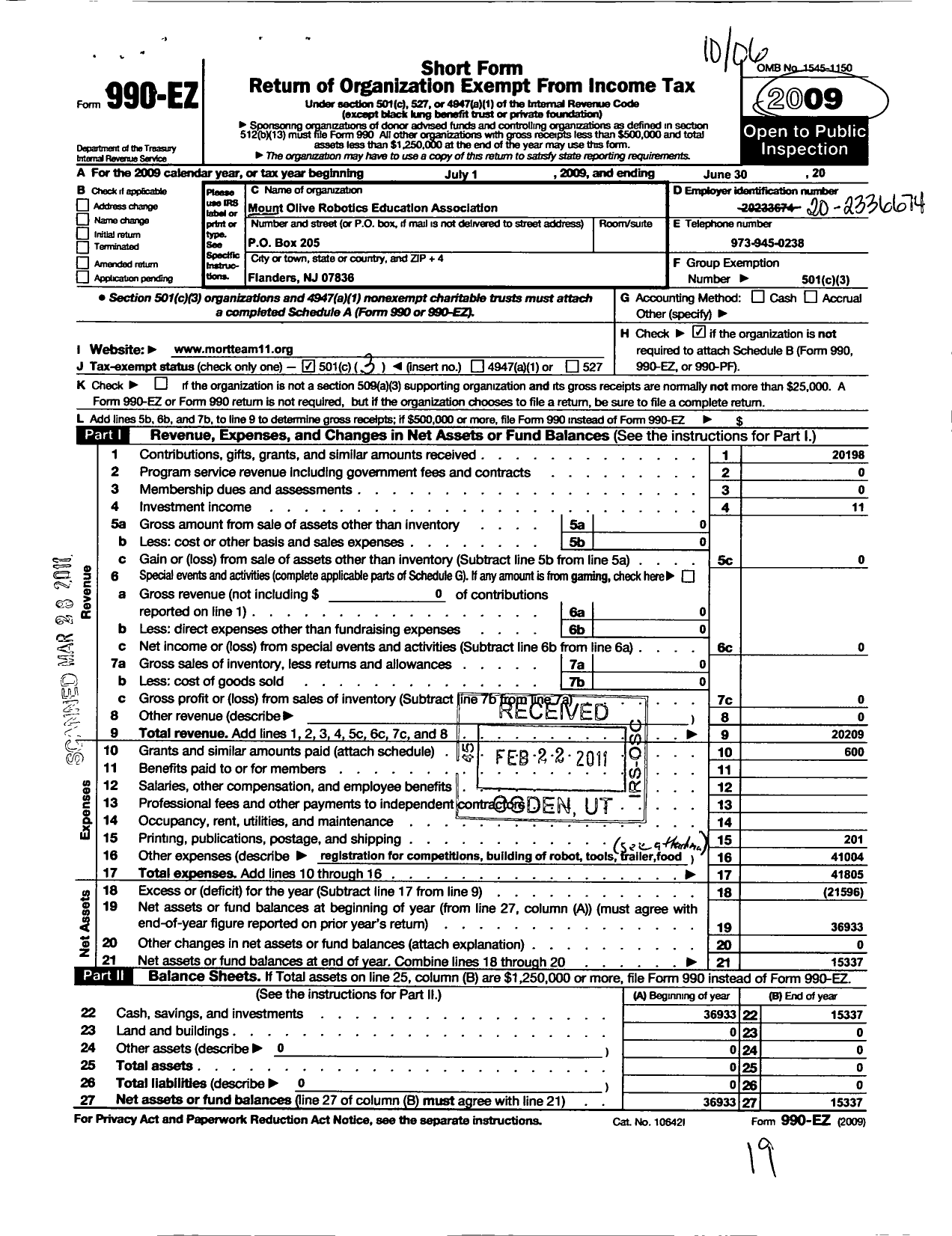 Image of first page of 2009 Form 990EZ for Mount Olive Robotics Education Association