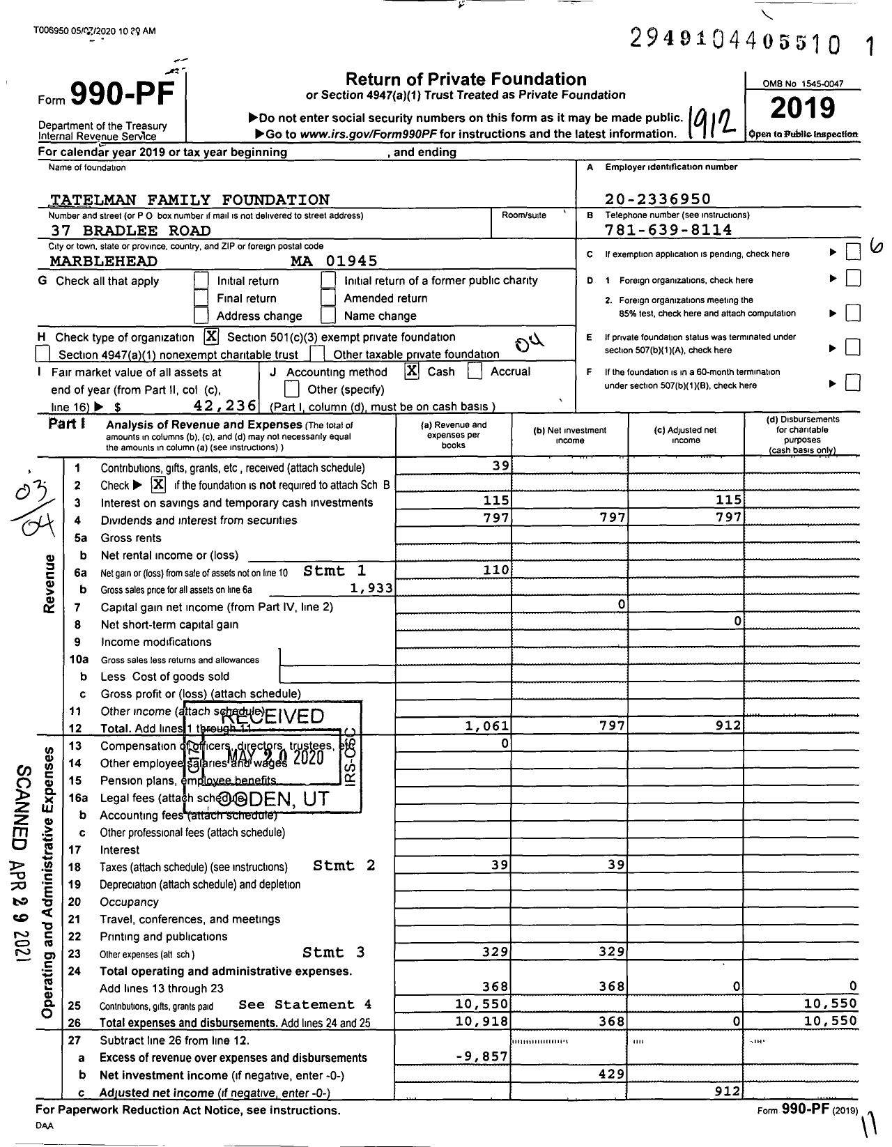 Image of first page of 2019 Form 990PF for Tatelman Family Foundation