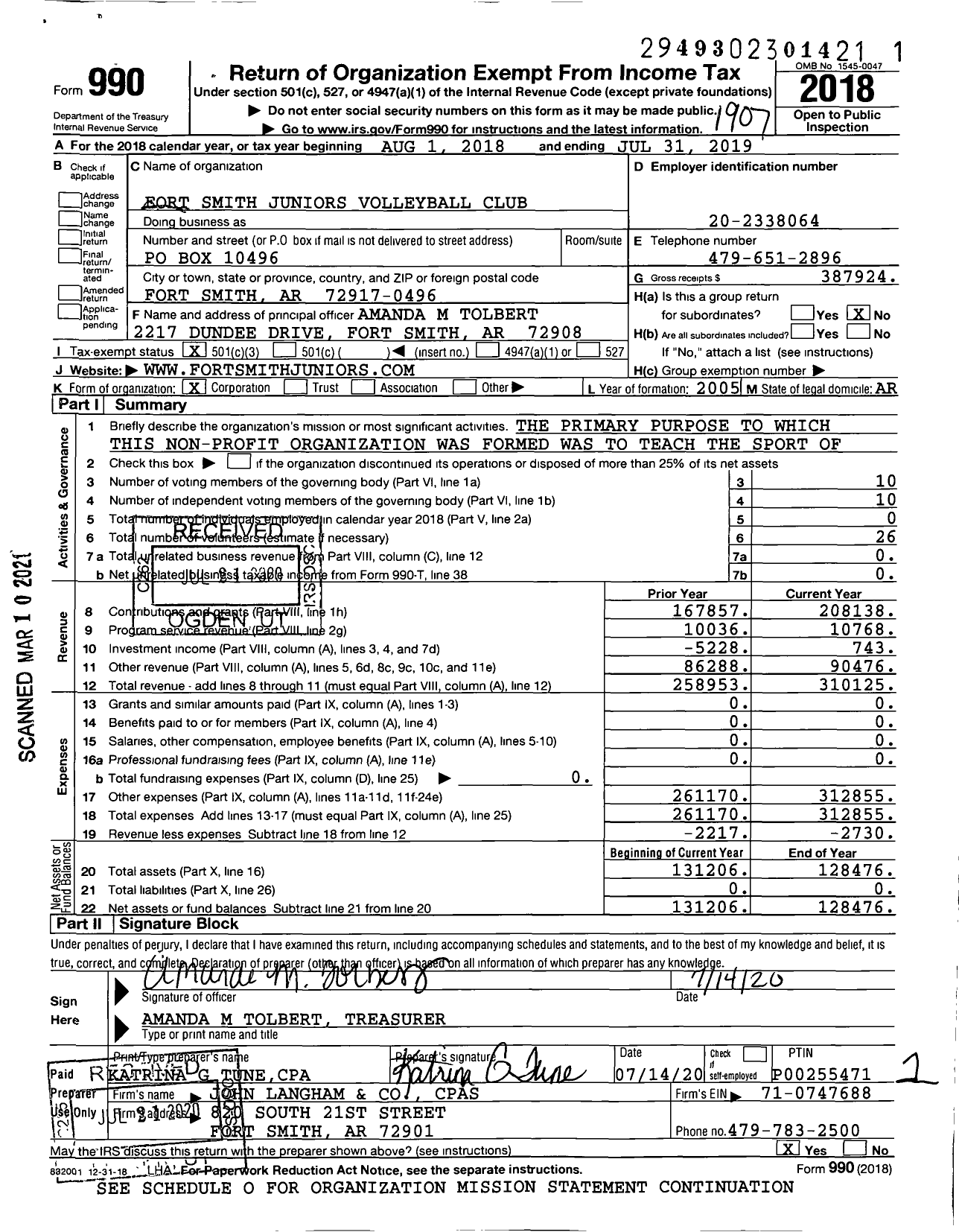 Image of first page of 2018 Form 990 for Fort Smith Juniors Volleyball Club