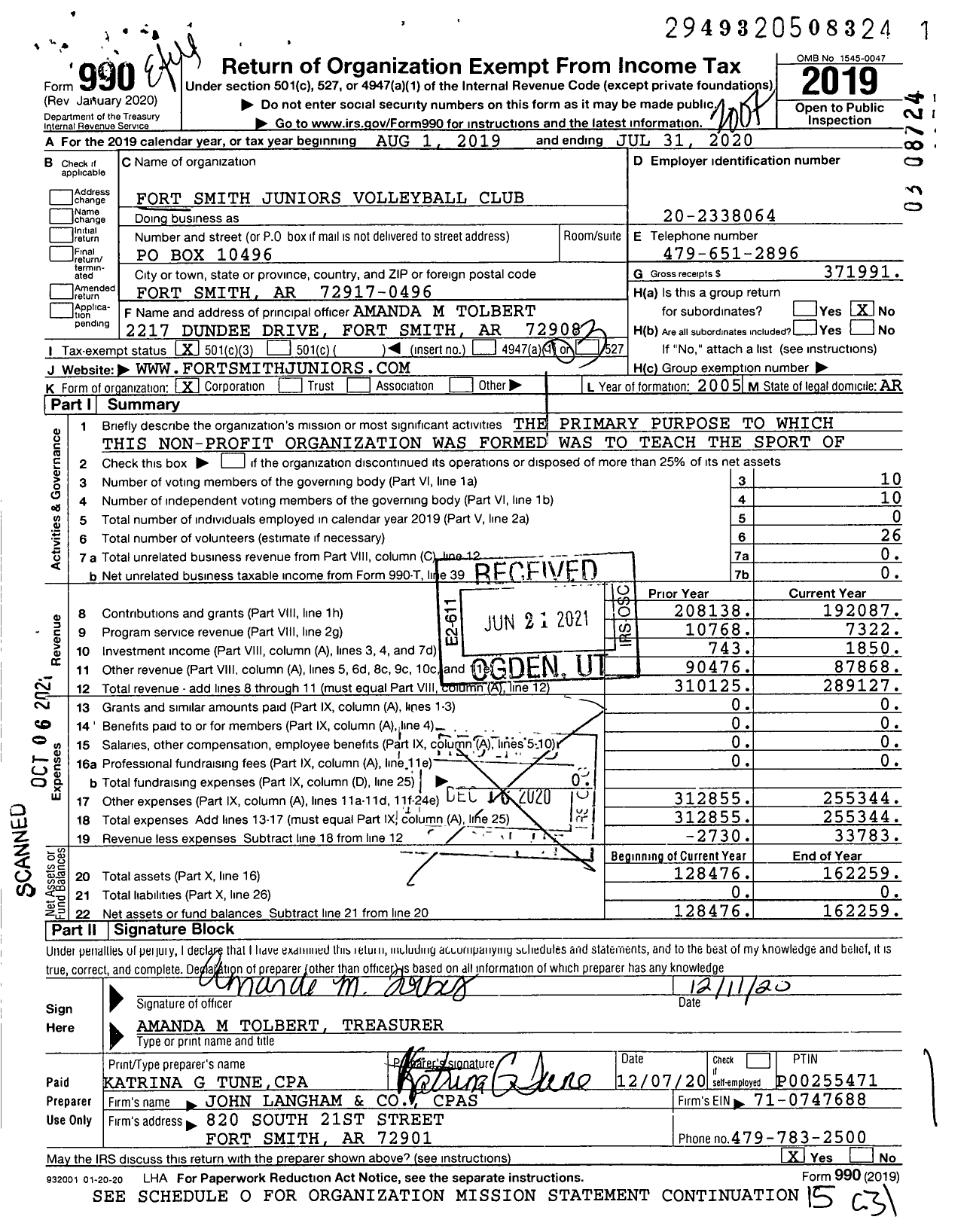 Image of first page of 2019 Form 990 for Fort Smith Juniors Volleyball Club