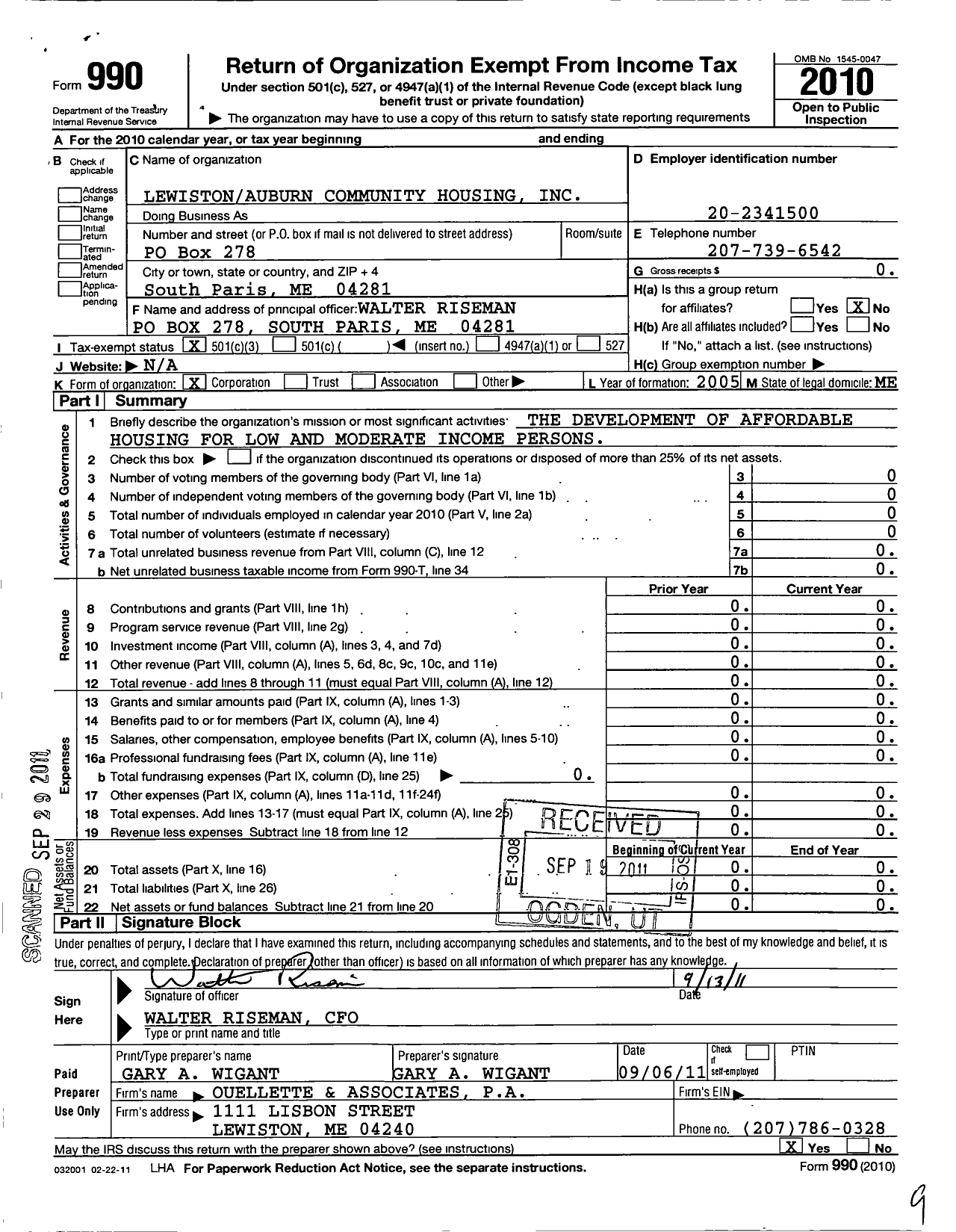 Image of first page of 2010 Form 990 for Lewiston Auburn Community Housing