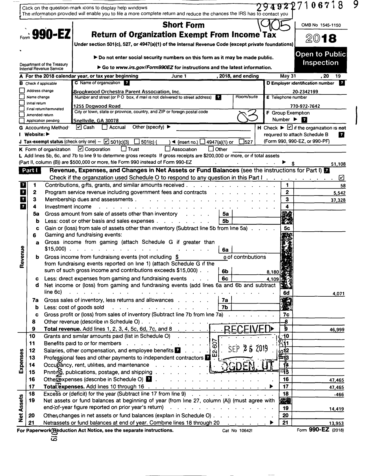 Image of first page of 2018 Form 990EZ for Brookwood Orchestra Parent Association