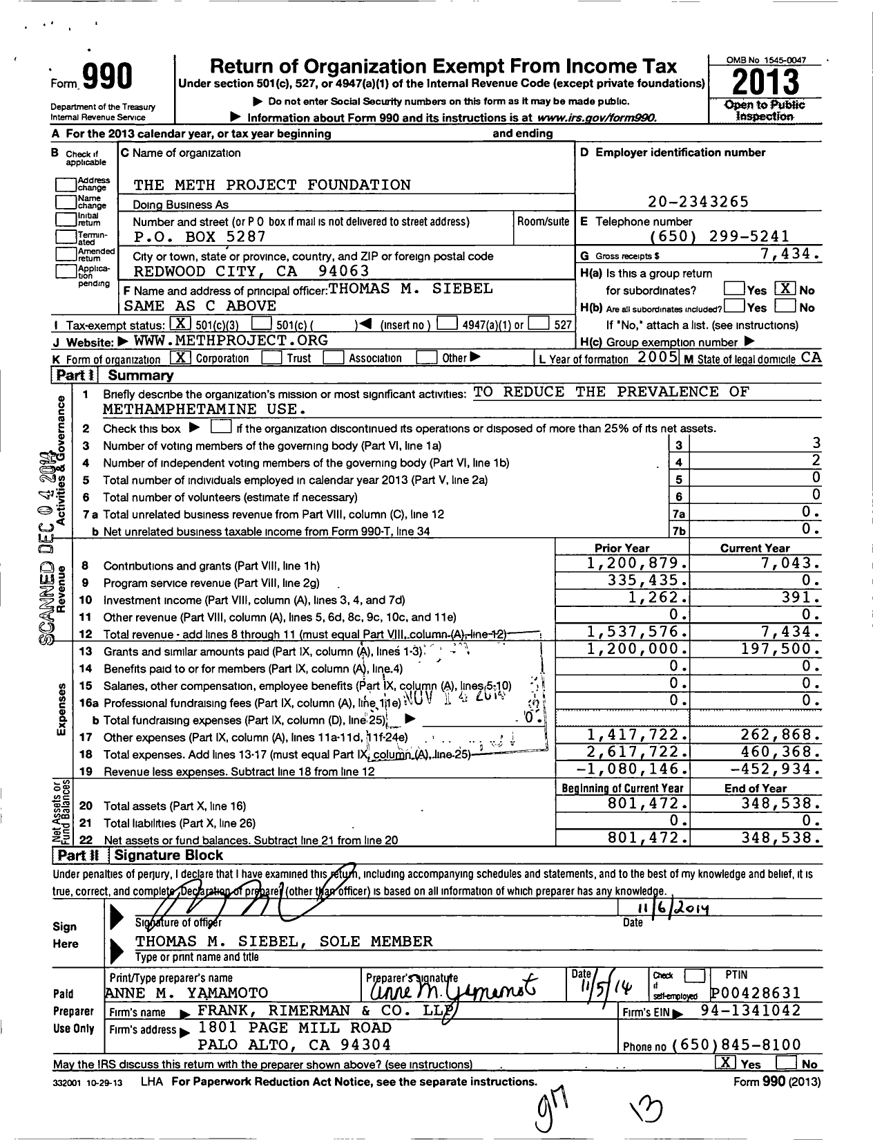 Image of first page of 2013 Form 990 for The Meth Project Foundation