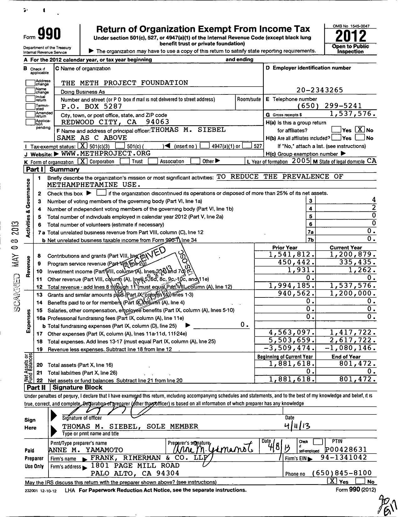 Image of first page of 2012 Form 990 for The Meth Project Foundation