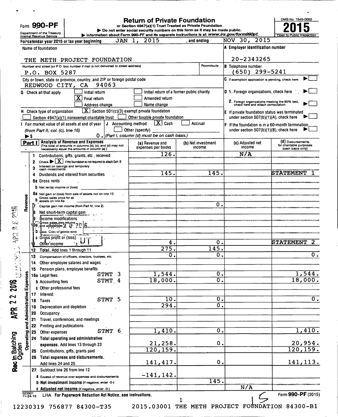 Image of first page of 2014 Form 990PF for The Meth Project Foundation