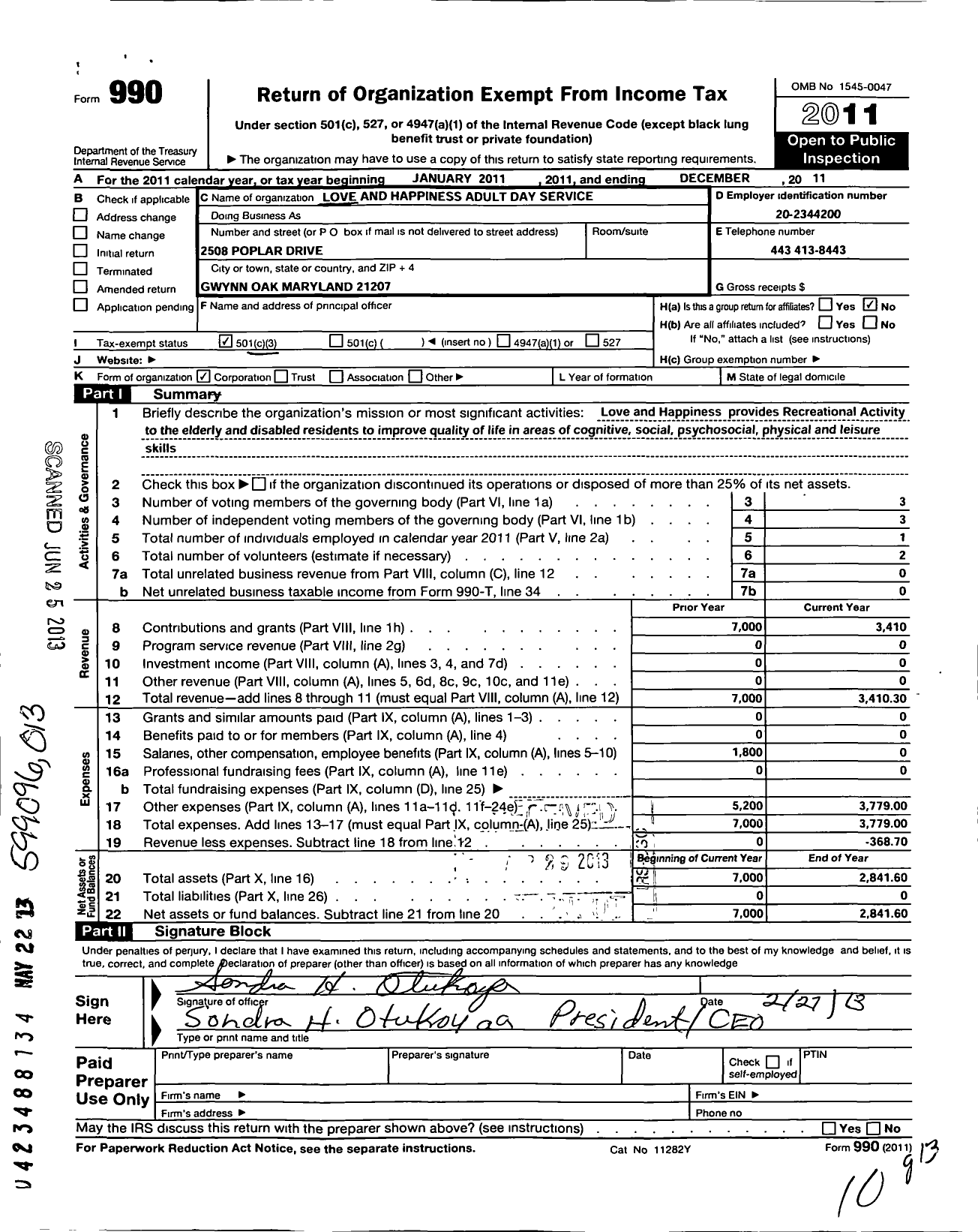 Image of first page of 2011 Form 990 for Love and Happiness Adult Day Service