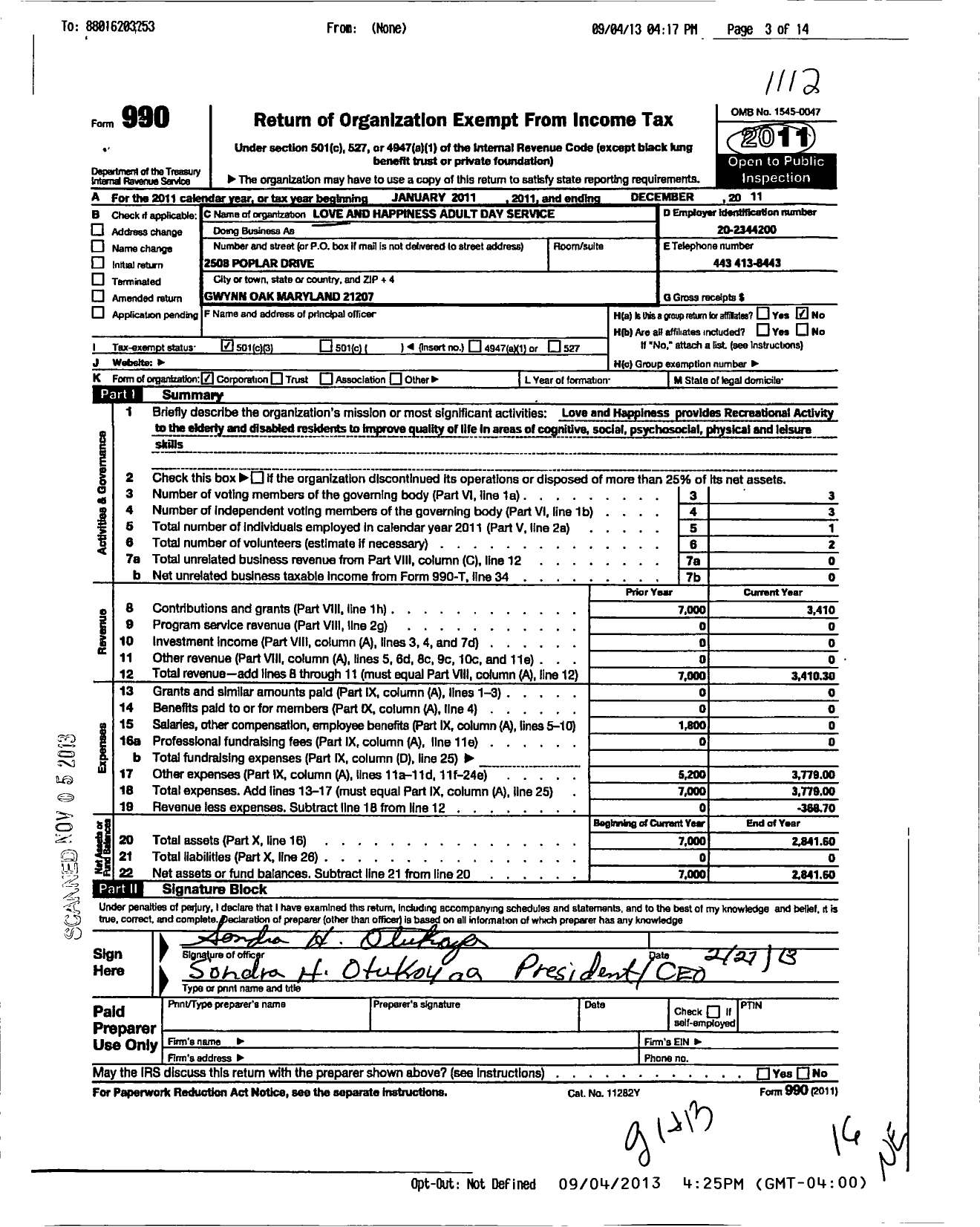 Image of first page of 2011 Form 990 for Love and Happiness Adult Day Service