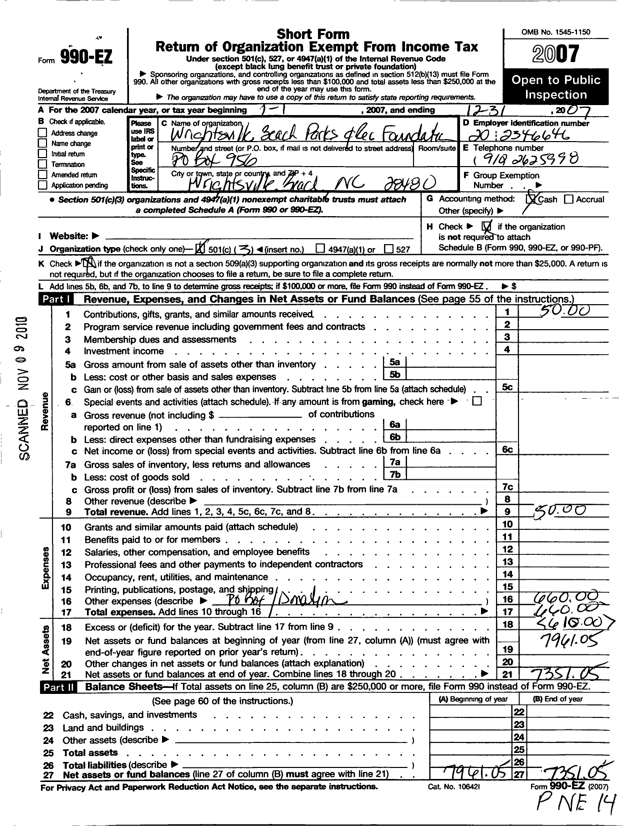 Image of first page of 2007 Form 990EZ for Wrightsville Beach Foundation