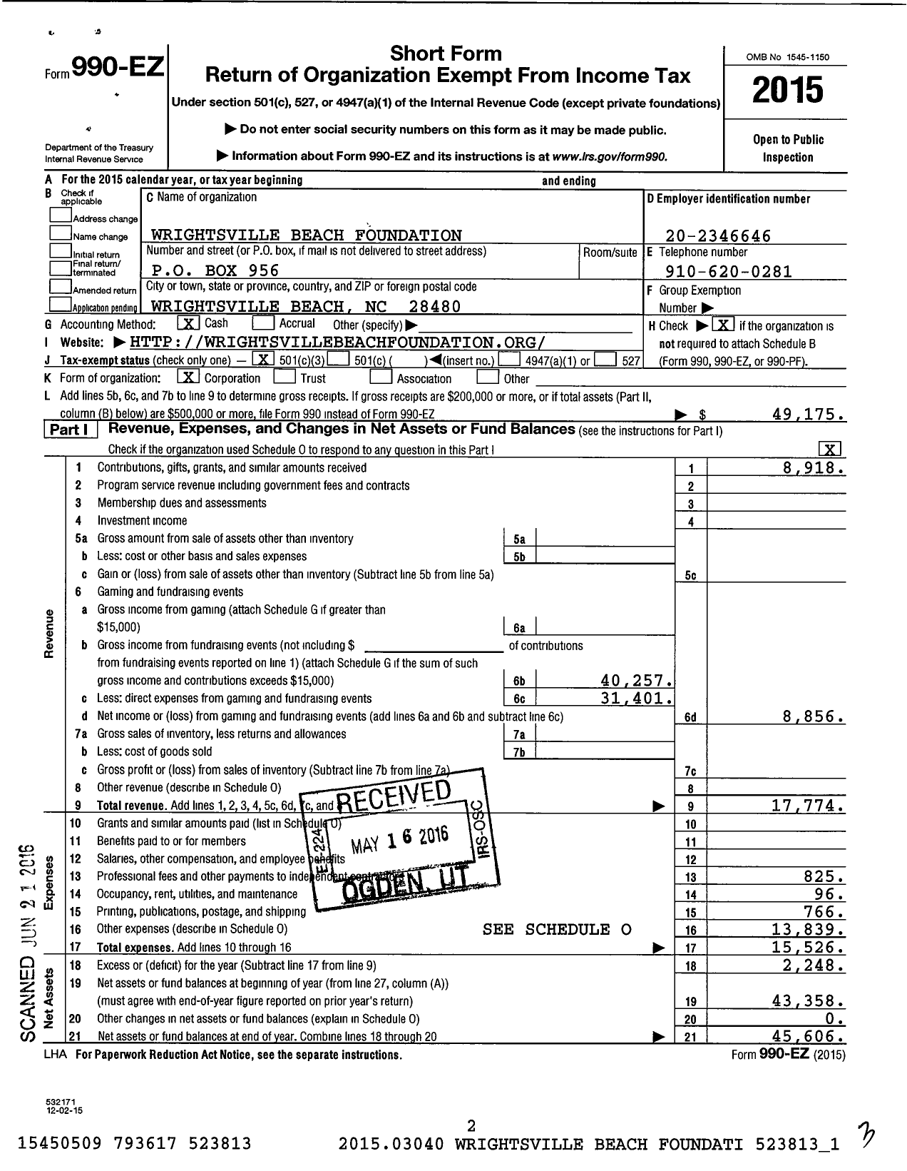 Image of first page of 2015 Form 990EZ for Wrightsville Beach Foundation