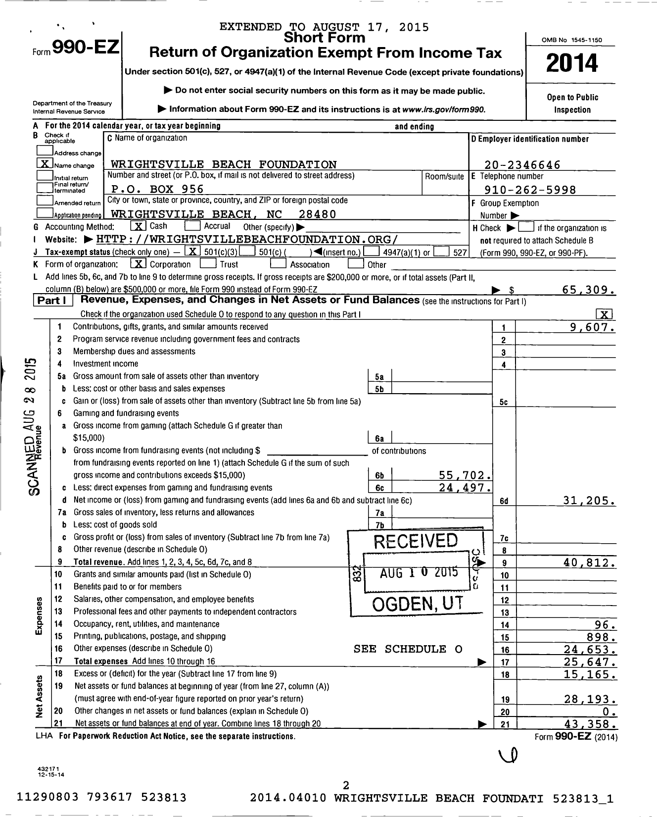 Image of first page of 2014 Form 990EZ for Wrightsville Beach Foundation