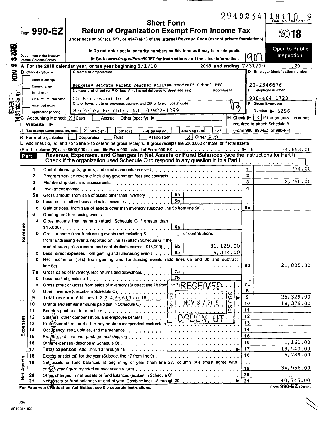 Image of first page of 2018 Form 990EZ for Berkeley Heights Parent Teacher William Woodruff School Pto